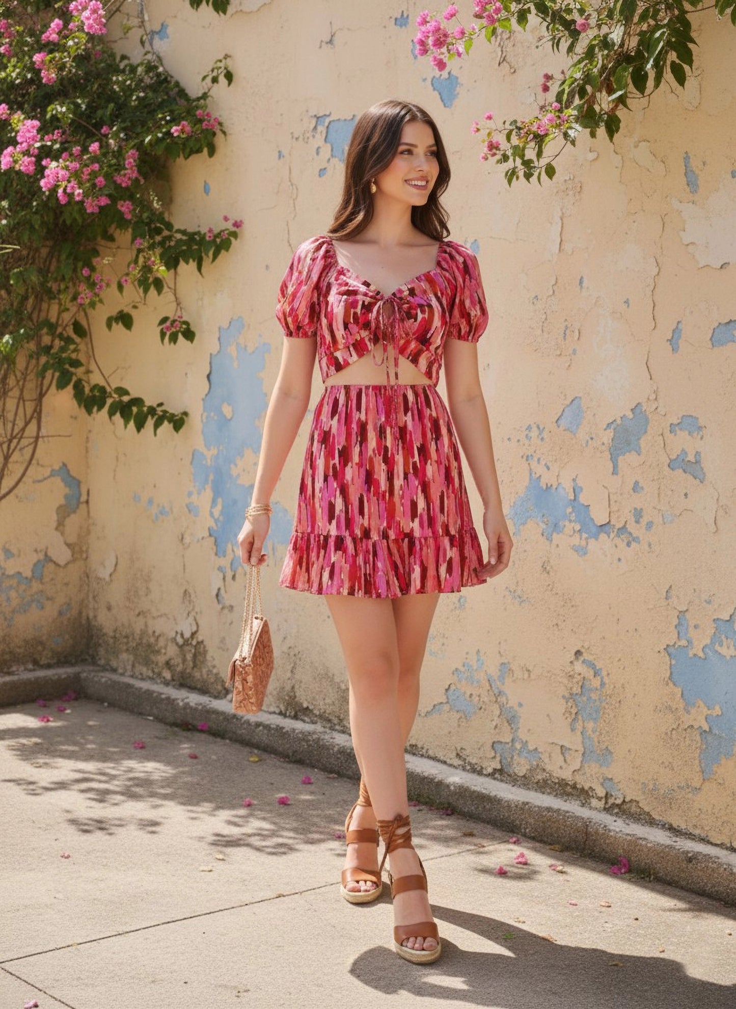 Berrylush Women Pink & Maroon Abstract Printed Sweetheart Neck Ruffled A-Line Mini Dress