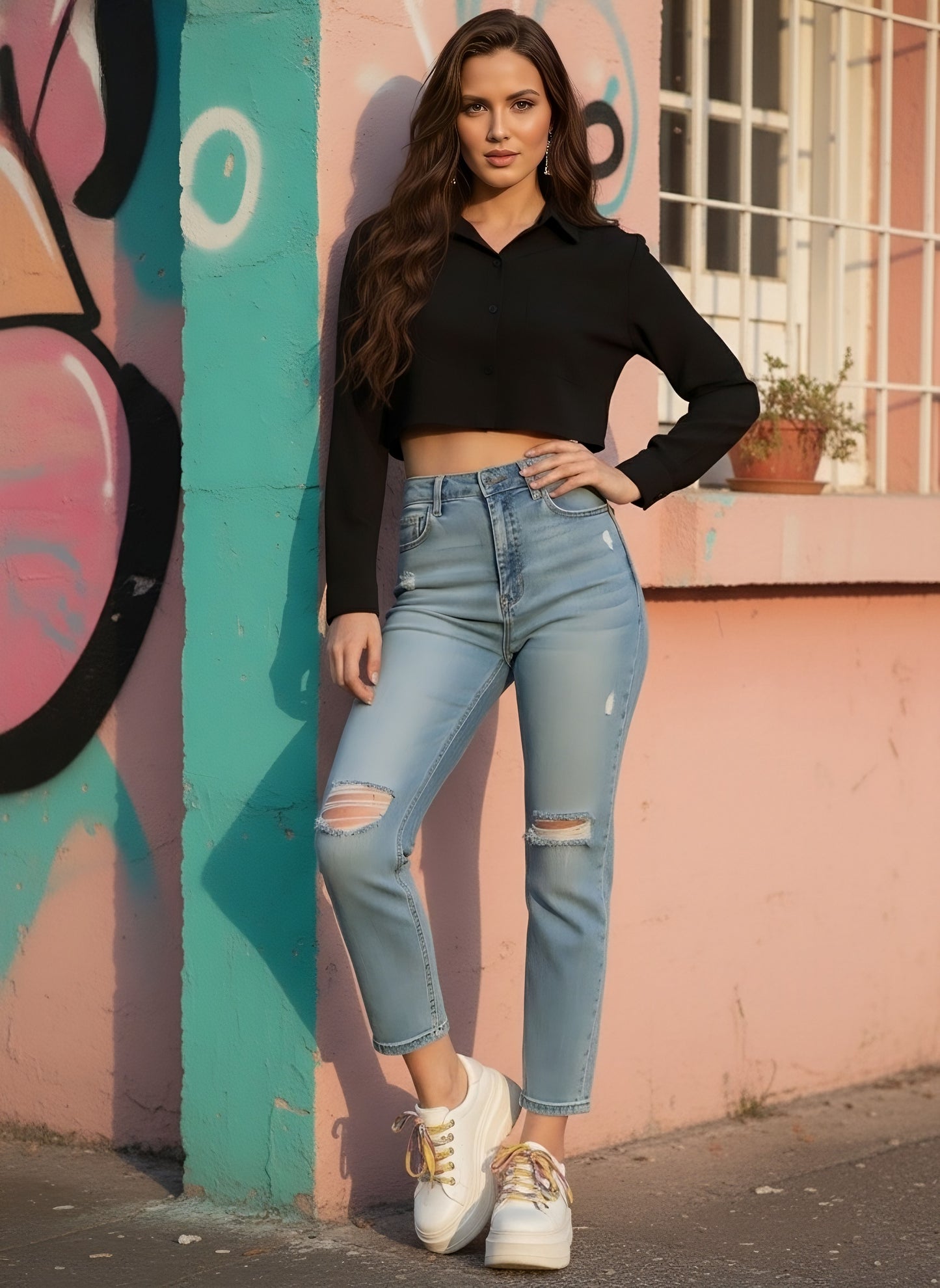 Berrylush Women Solid Black Spread Collar Neck Long Sleeves Button-Up Front Pocket Curved Hem Crop Shirt