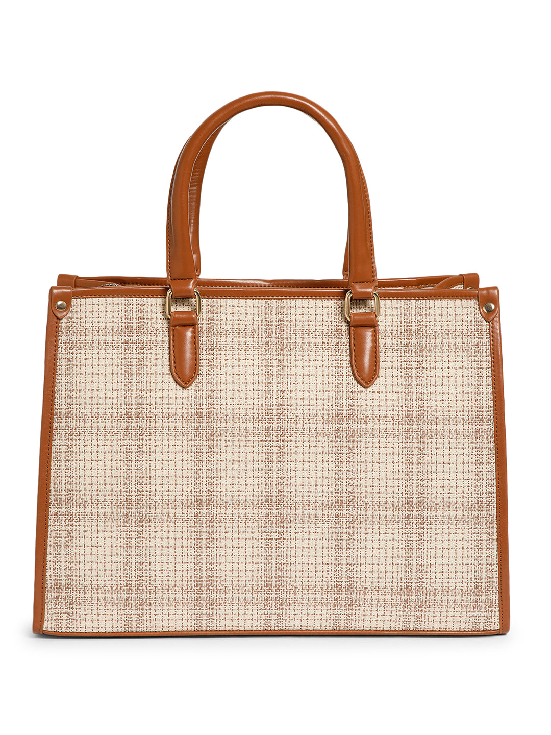 Berrylush Women Cream Checked Structured Two Handles Tote Bag