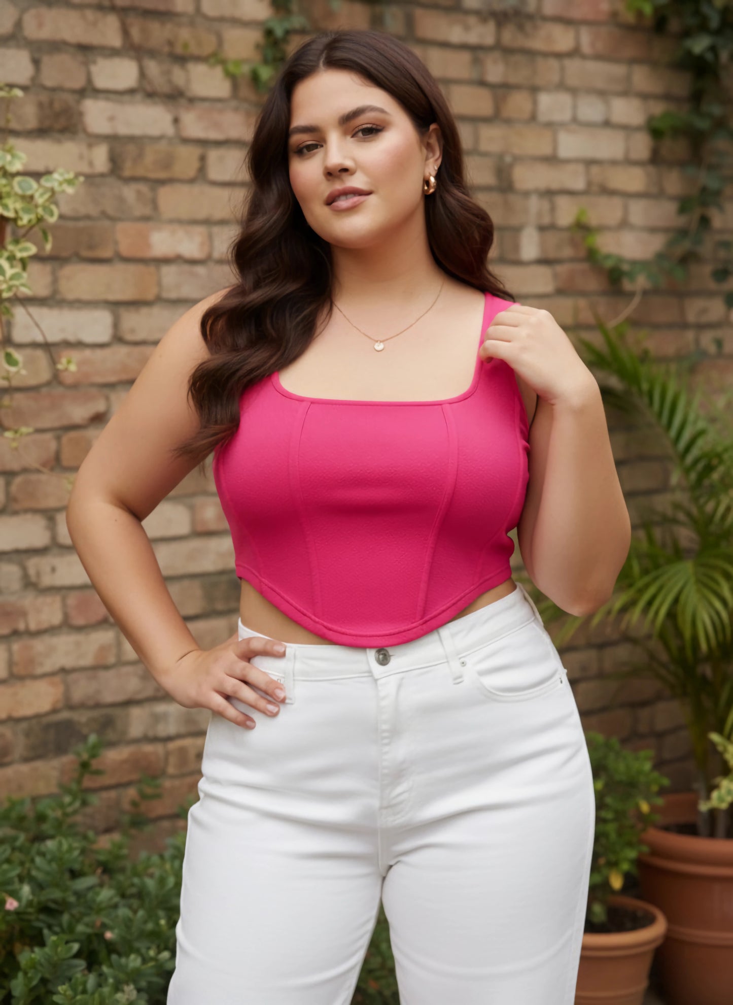 Berrylush Curve Women Pink Solid Square Neck Fitted Crop Top