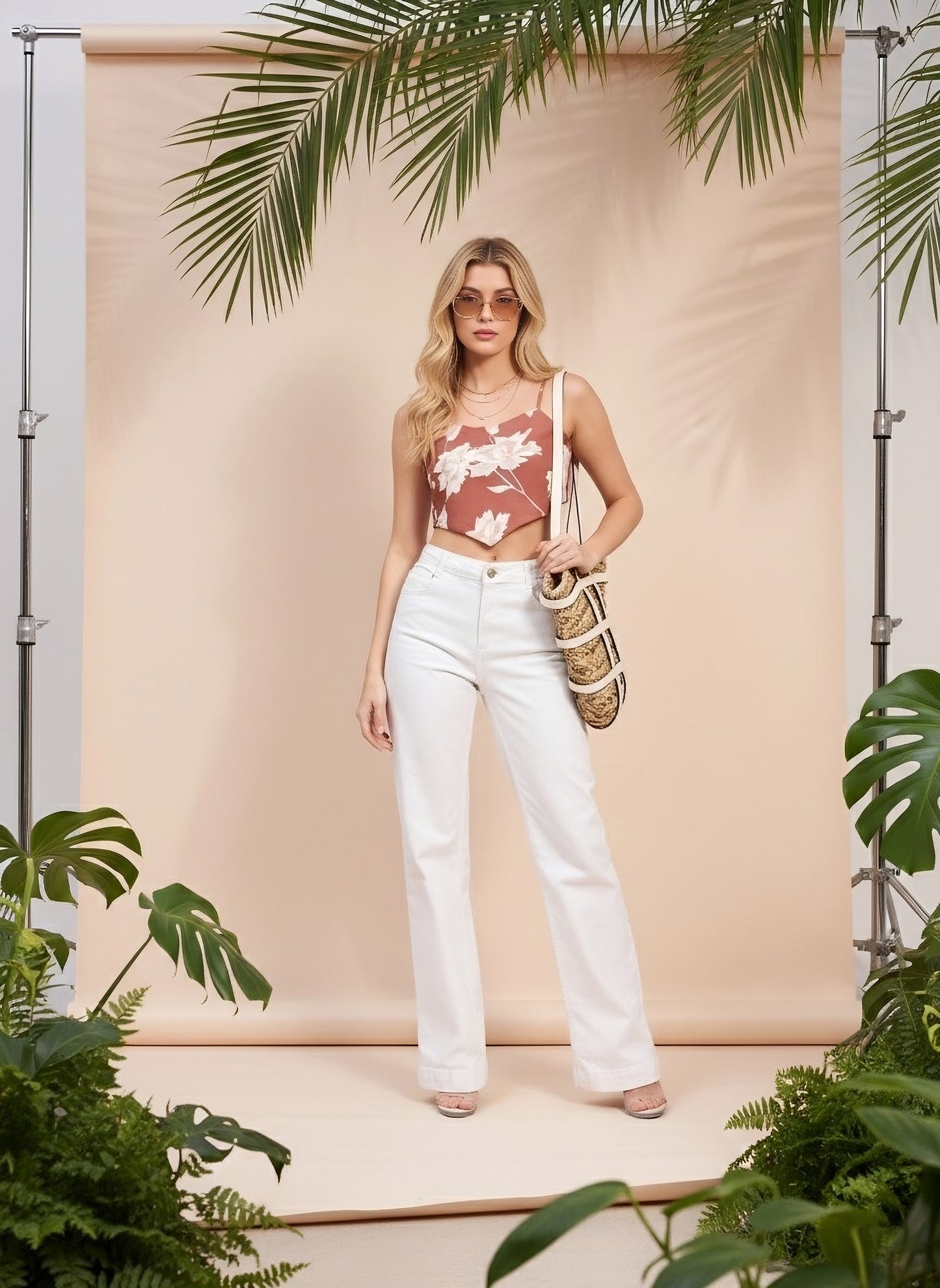 Berrylush Women Brown & White Floral Printed Square Neck Sleeveless Hanky Hem Cropped Top