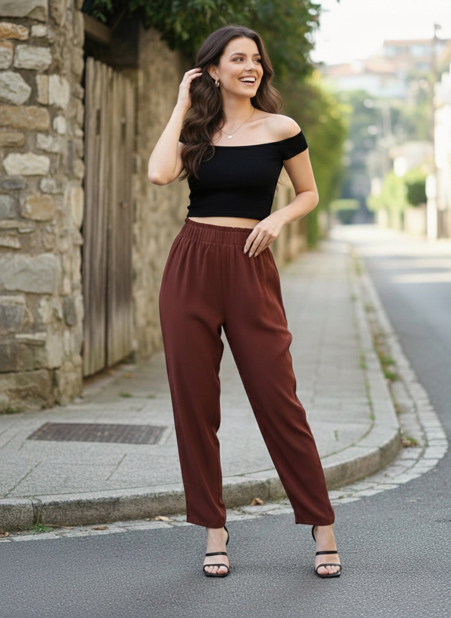 Berrylush Women Solid Maroon Elastic Waist High-Rise Wide Leg Flared Trousers