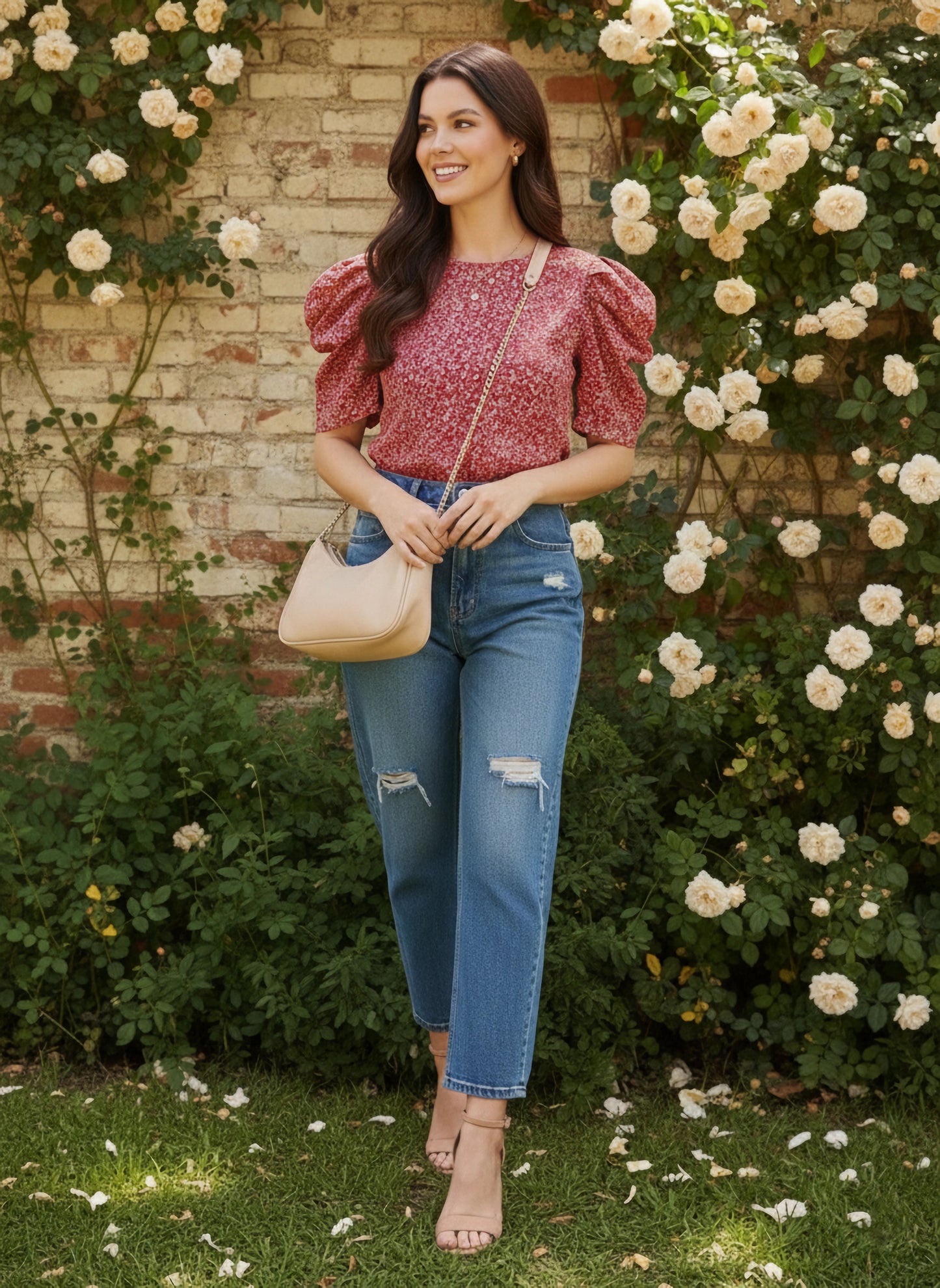 Red & White Floral Printed Round Neck Puff Sleeves Back Button-Up Keyhole Regular Top