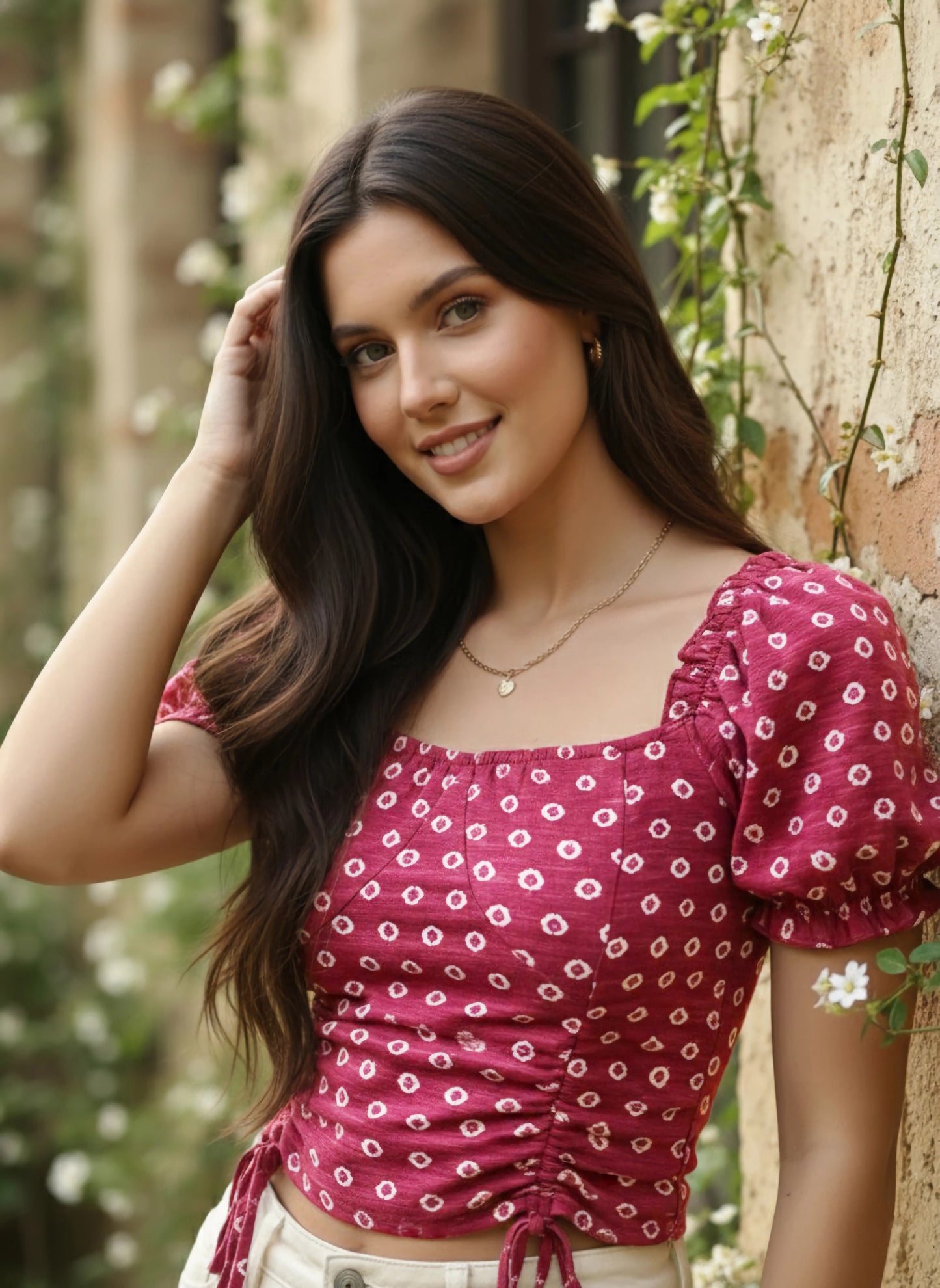 Berrylush Women Pink & White Geometric Printed Square Neck Puff Sleeves Waist Tie-Up Cotton Knitted Crop Top