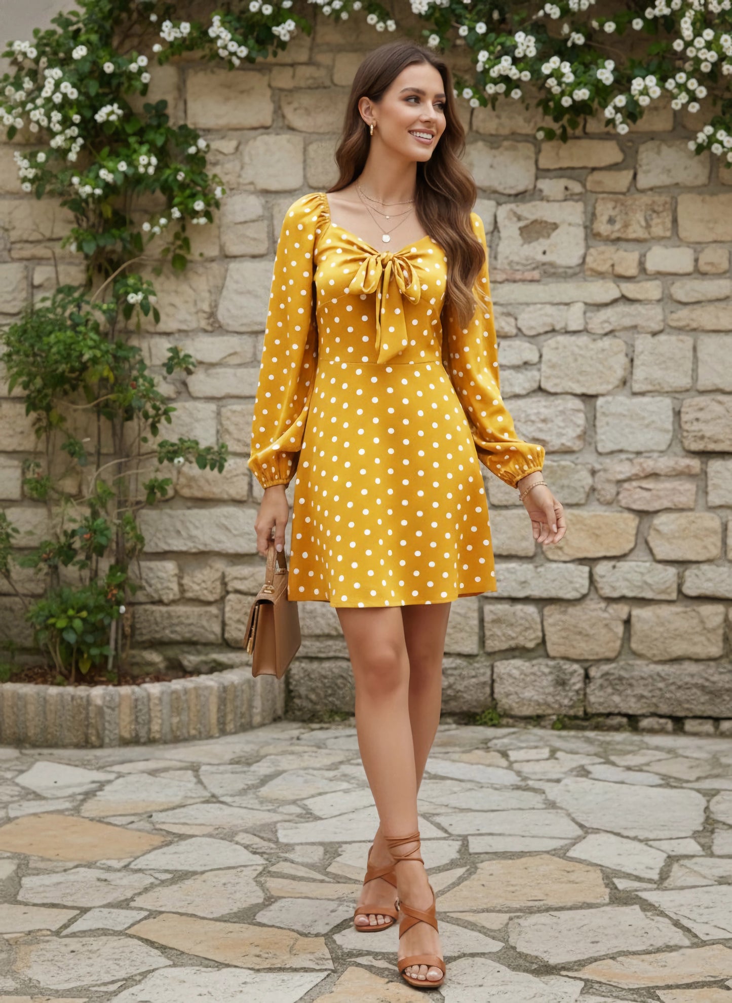 Berrylush Women Yellow Polka Dot Printed Tie-Up Sweetheart Neck Flared A-Line Mini Dress