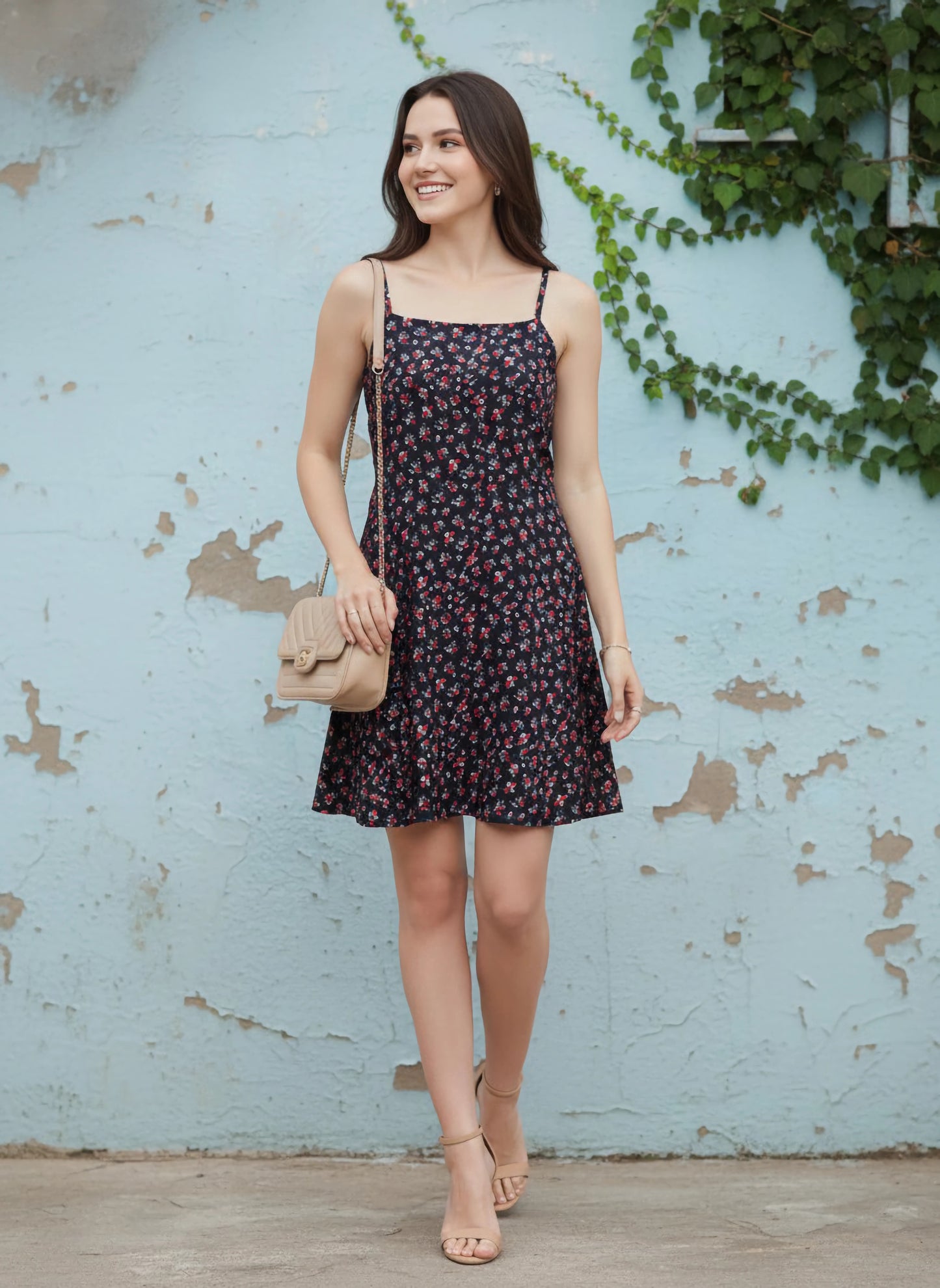 Berrylush Women Navy Blue & Red Floral Printed Square Neck Flared Fit & Flare Mini Dress