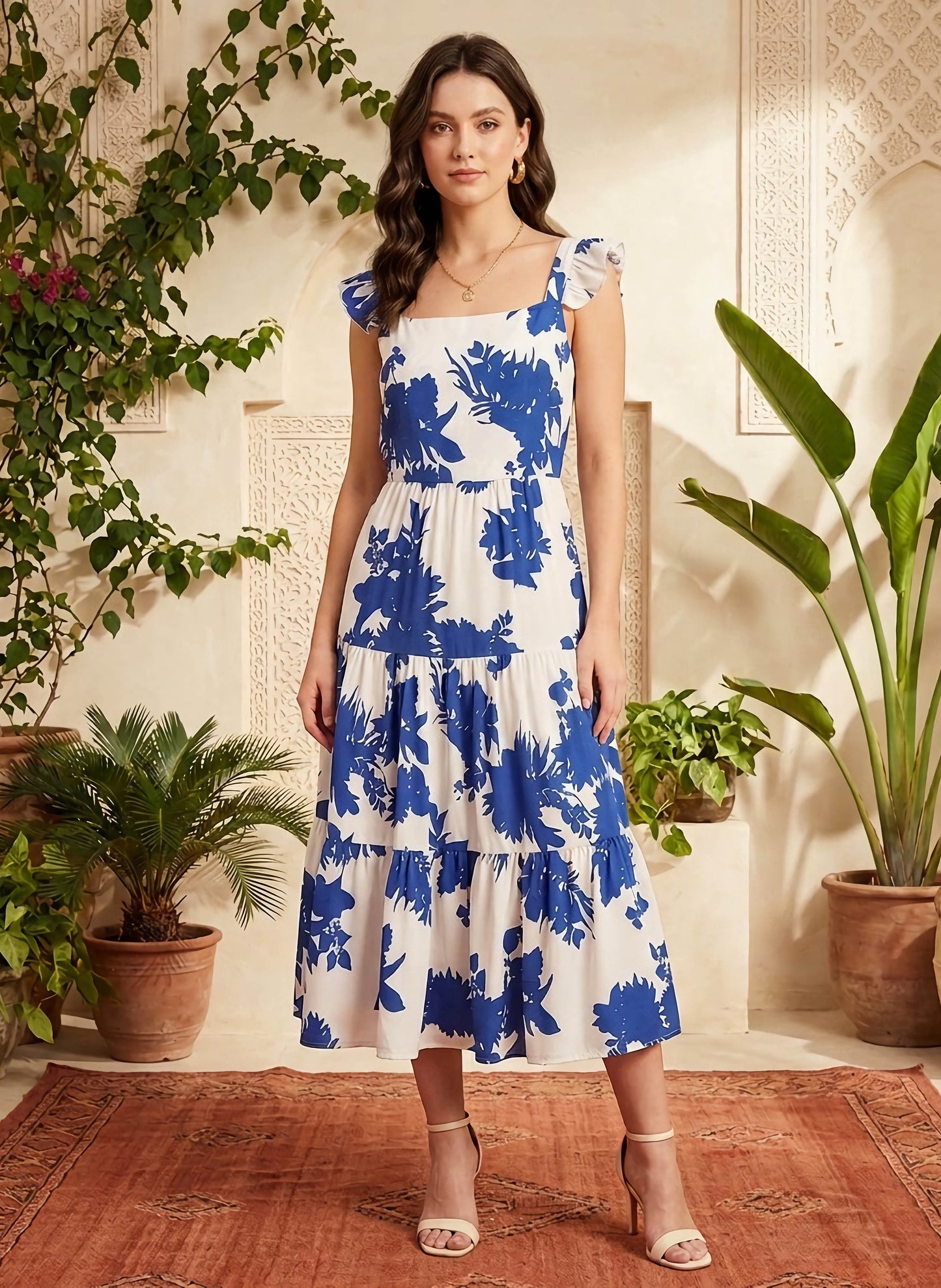 White & Blue Floral Printed Square Neck Cutout Tie-Up Back Crepe Pleated A-Line Maxi Dress