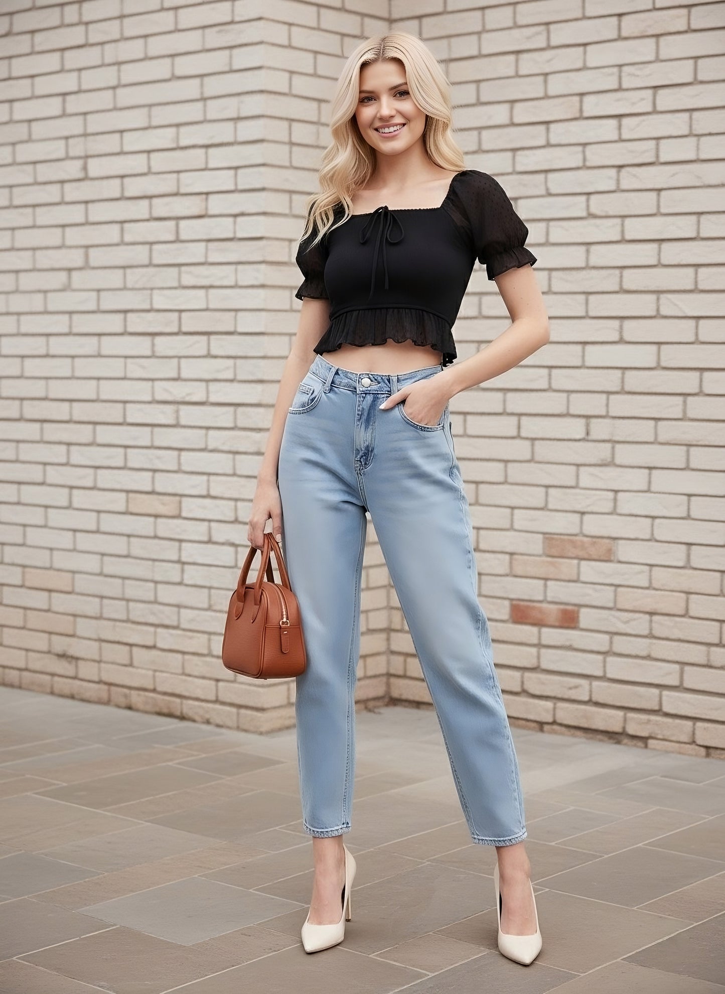 Berrylush Women Solid Black Lace Tie-Up Smocked Crop Top