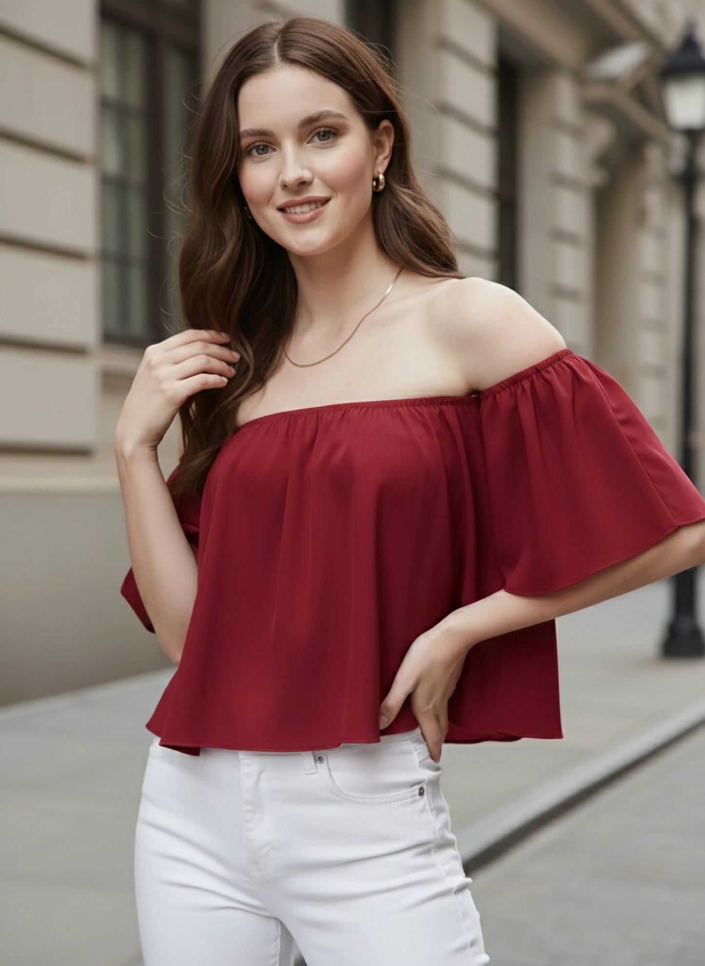 Berrylush Women Solid Red Off-Shoulder Neck Ruffled Crop Bardot Top