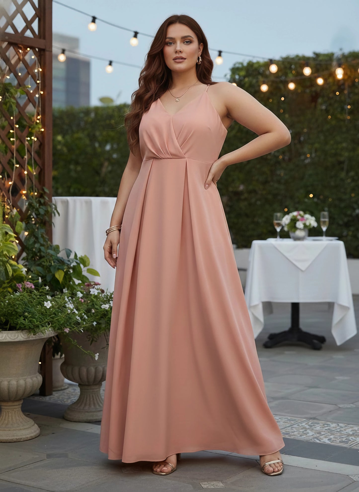 Berrylush Women Plus Size Solid Pink V-Neck Sleeveless Crepe Thigh-High Slit Fit & Flare Wrap Maxi Dress
