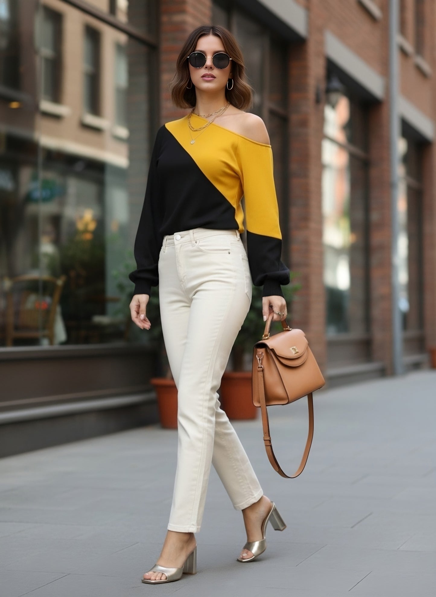 Berrylush Women Black & Mustard Yellow Colour-Blocked Pattern Round Neck Bishop Sleeves Regular Blouson Top