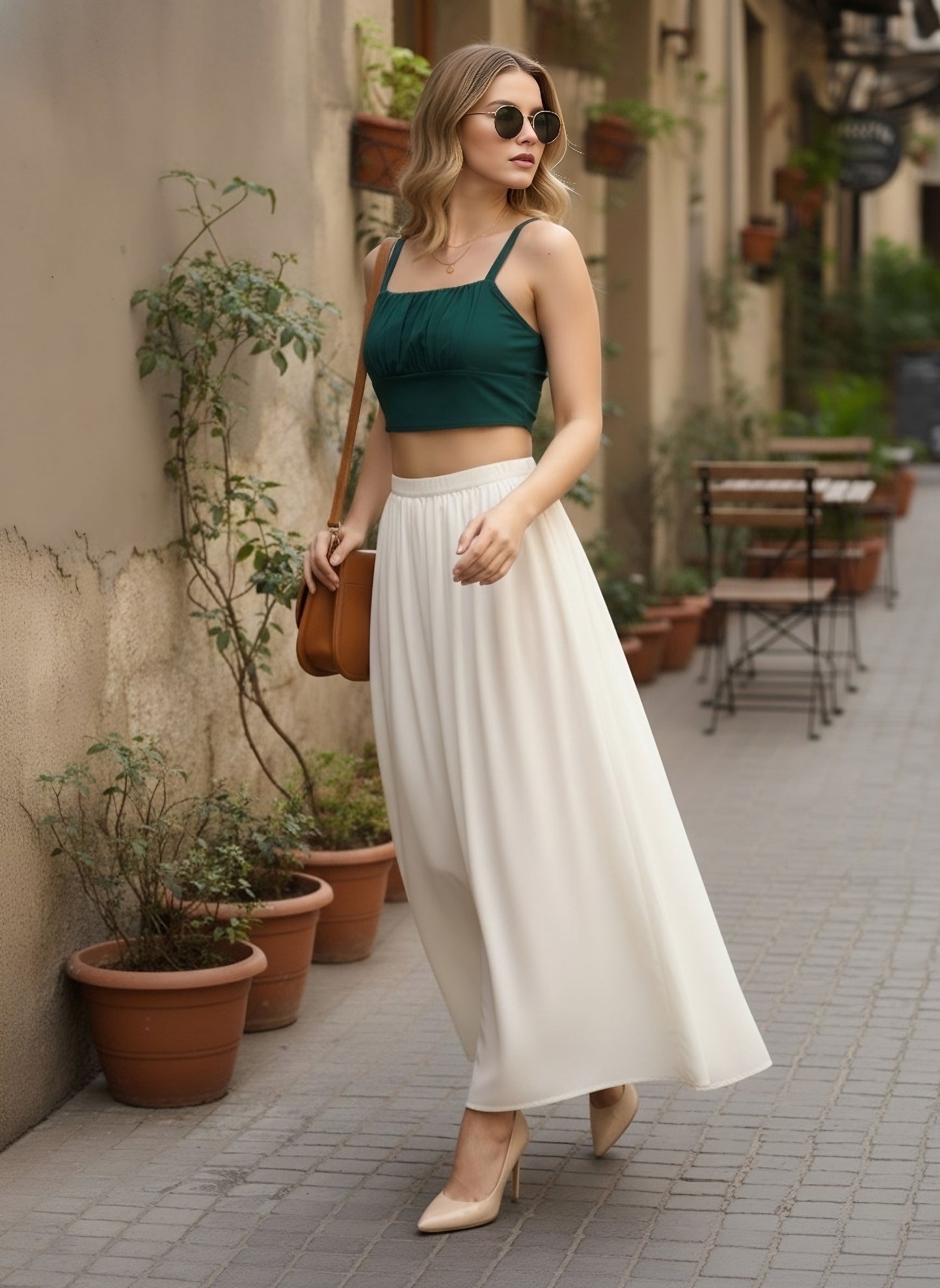 Berrylush Women Solid Green Square Neck Sleeveless Smocked Back Pleated Crop Top