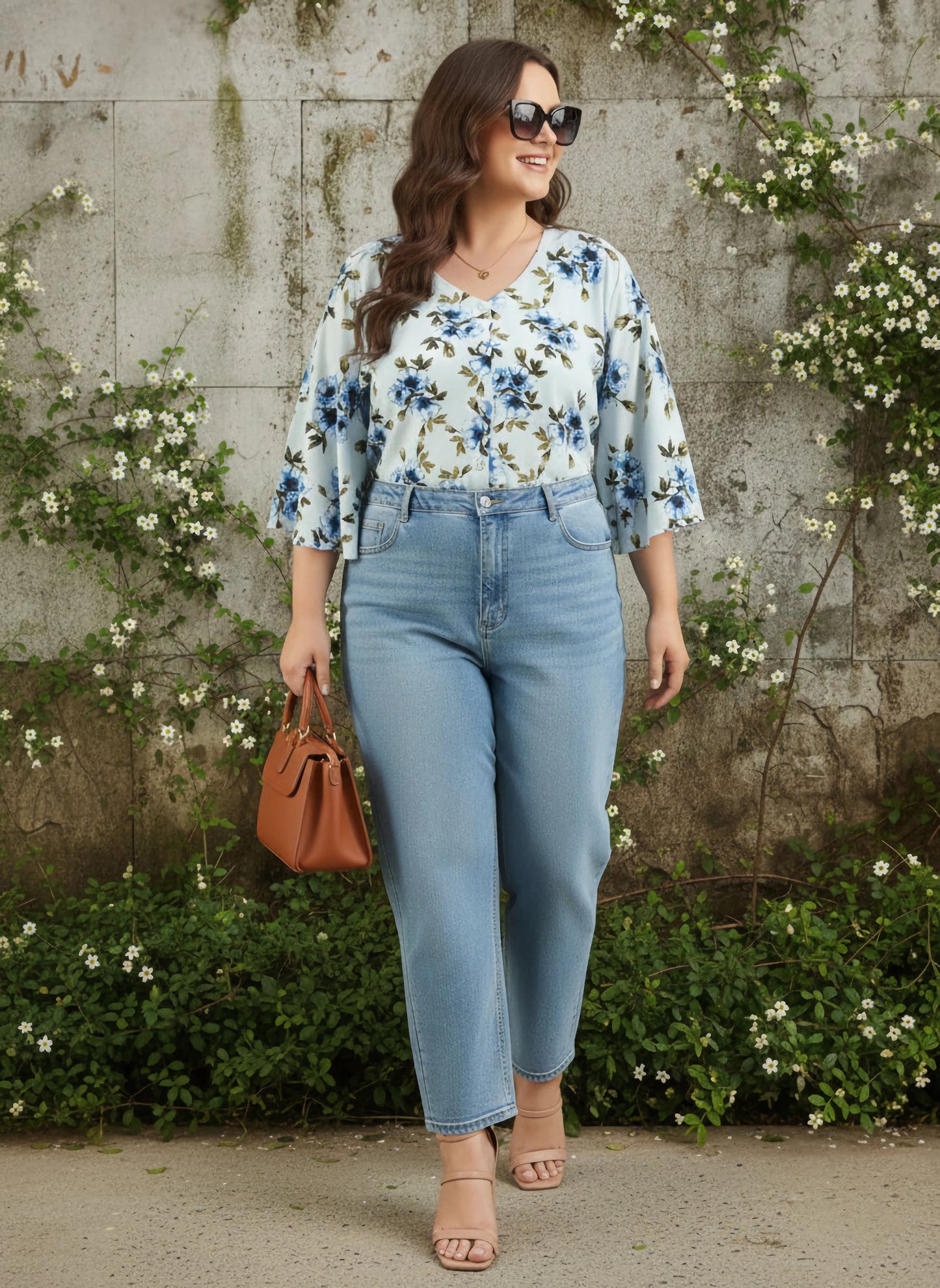 Berrylush Curve Women Green & Blue Floral Printed V-Neck Batwing Sleeves Front Button-Up Regular Top