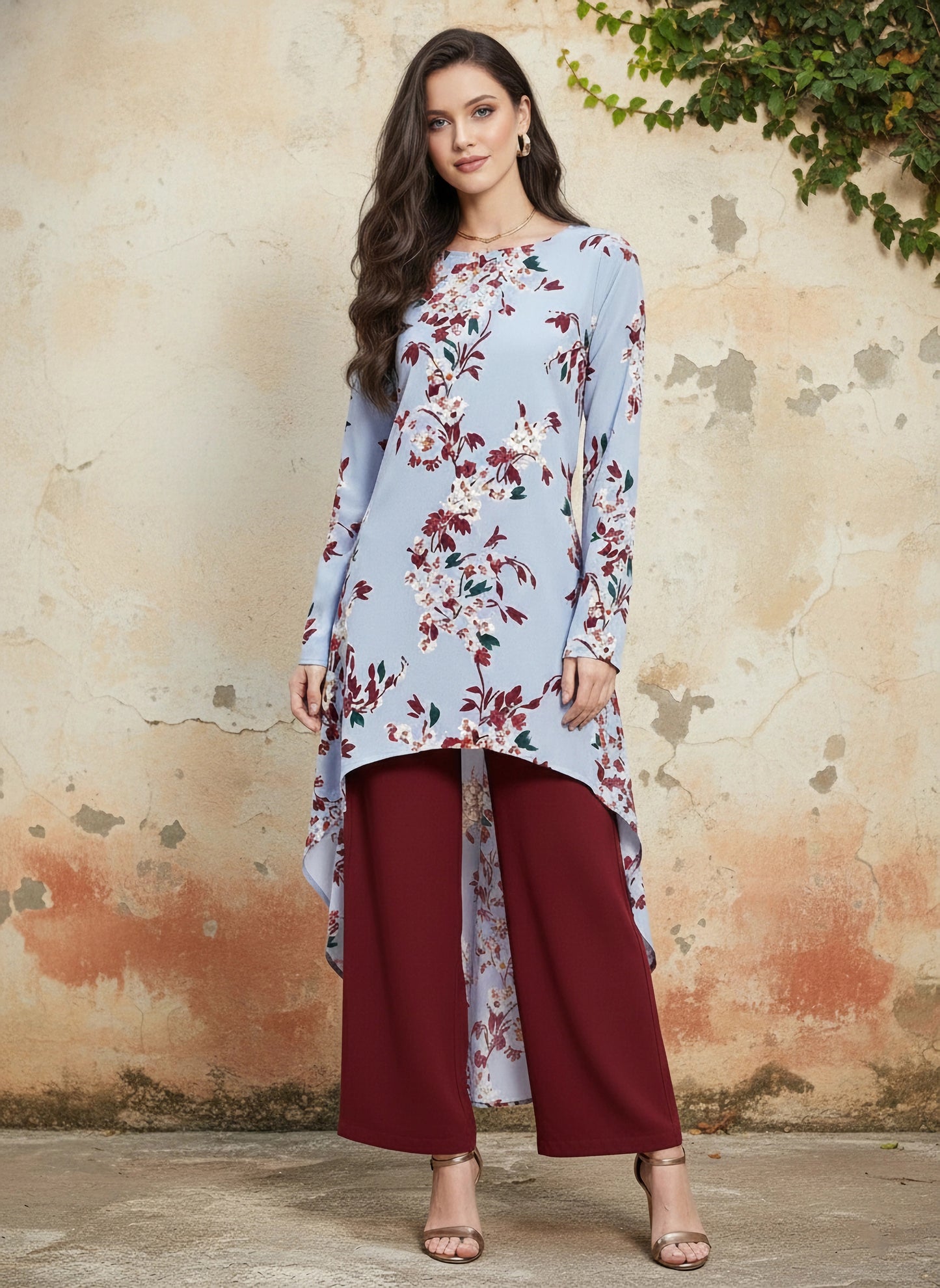 Berrylush Women Blue Floral Printed Round Neck High Low Top