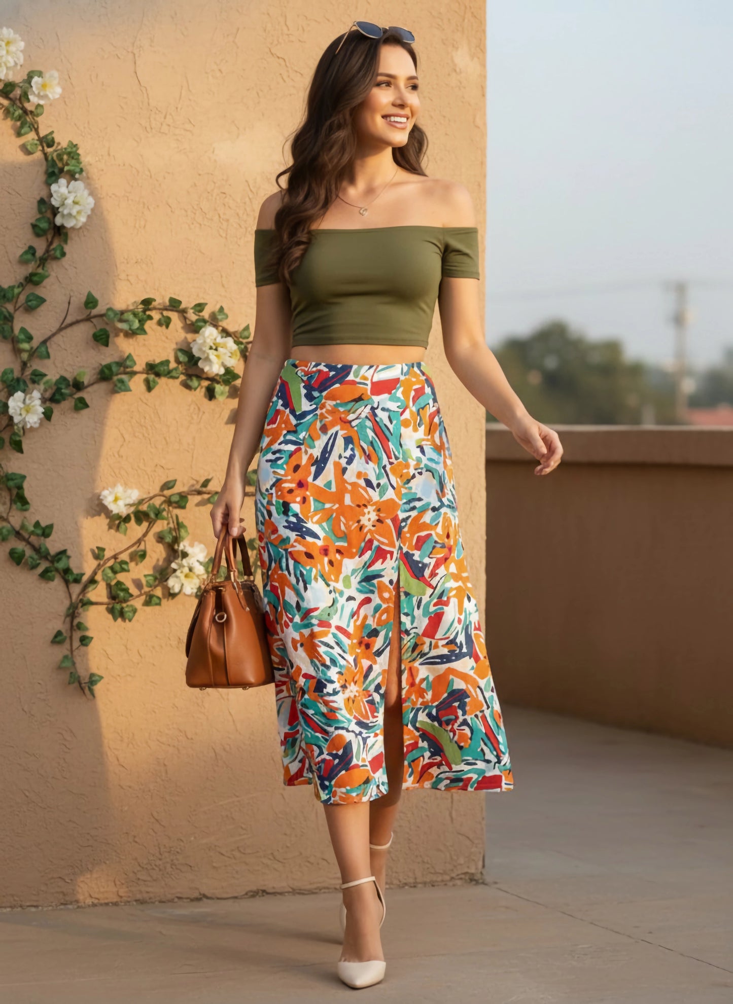 Berrylush Women White Abstract Printed Thigh-High Slit Flared A-Line Midi Skirt