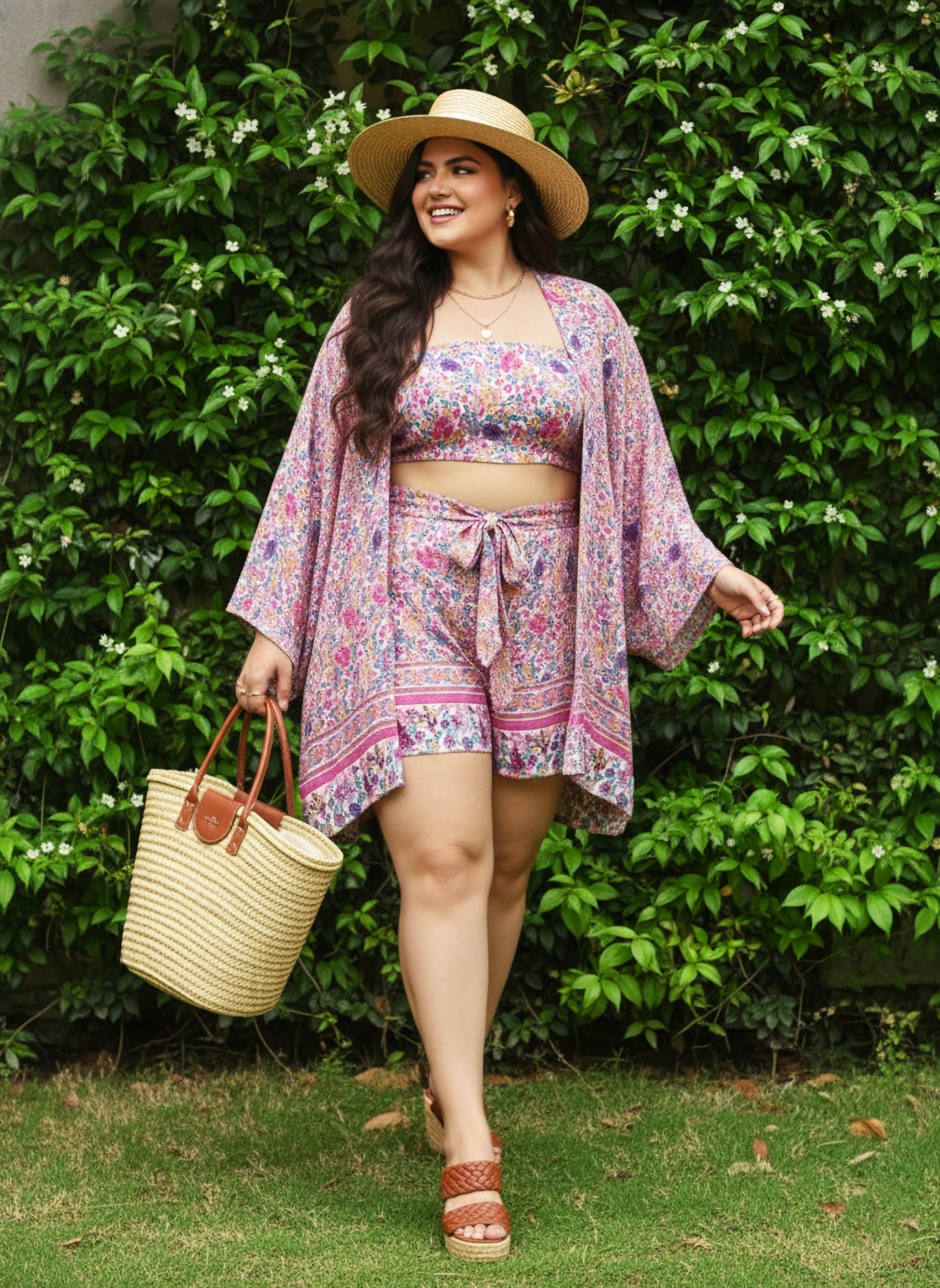 Berrylush Women Plus Size Pink & Purple Floral Printed Crop Top & Tie-Up Front Shorts With Kimono