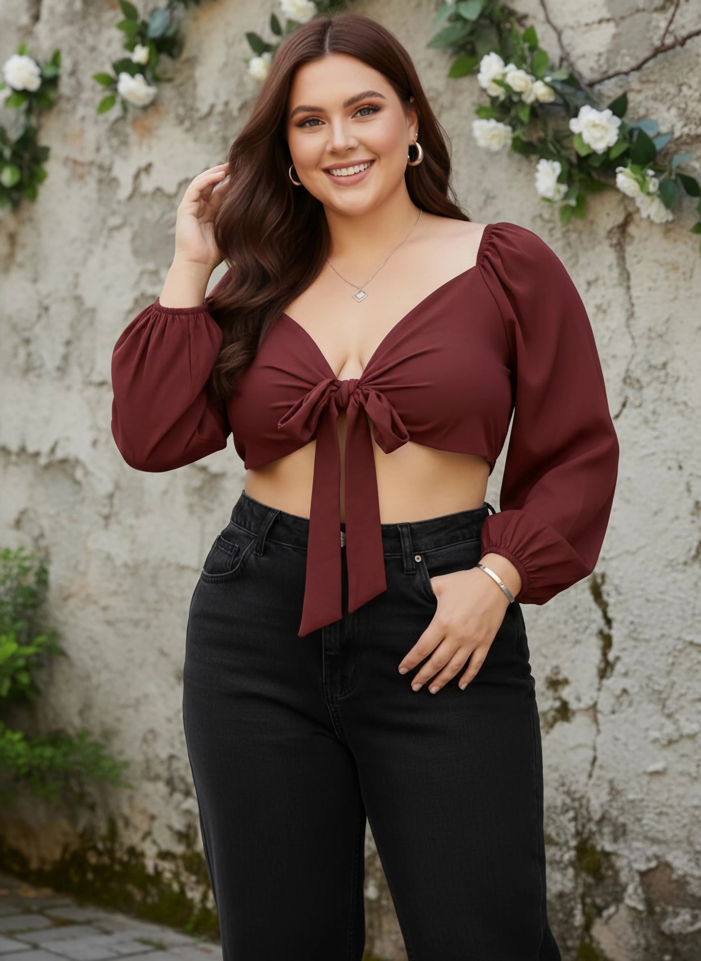 Berrylush Women Plus Size Solid Maroon Sweetheart Neck Front Tie-Up Cropped Top