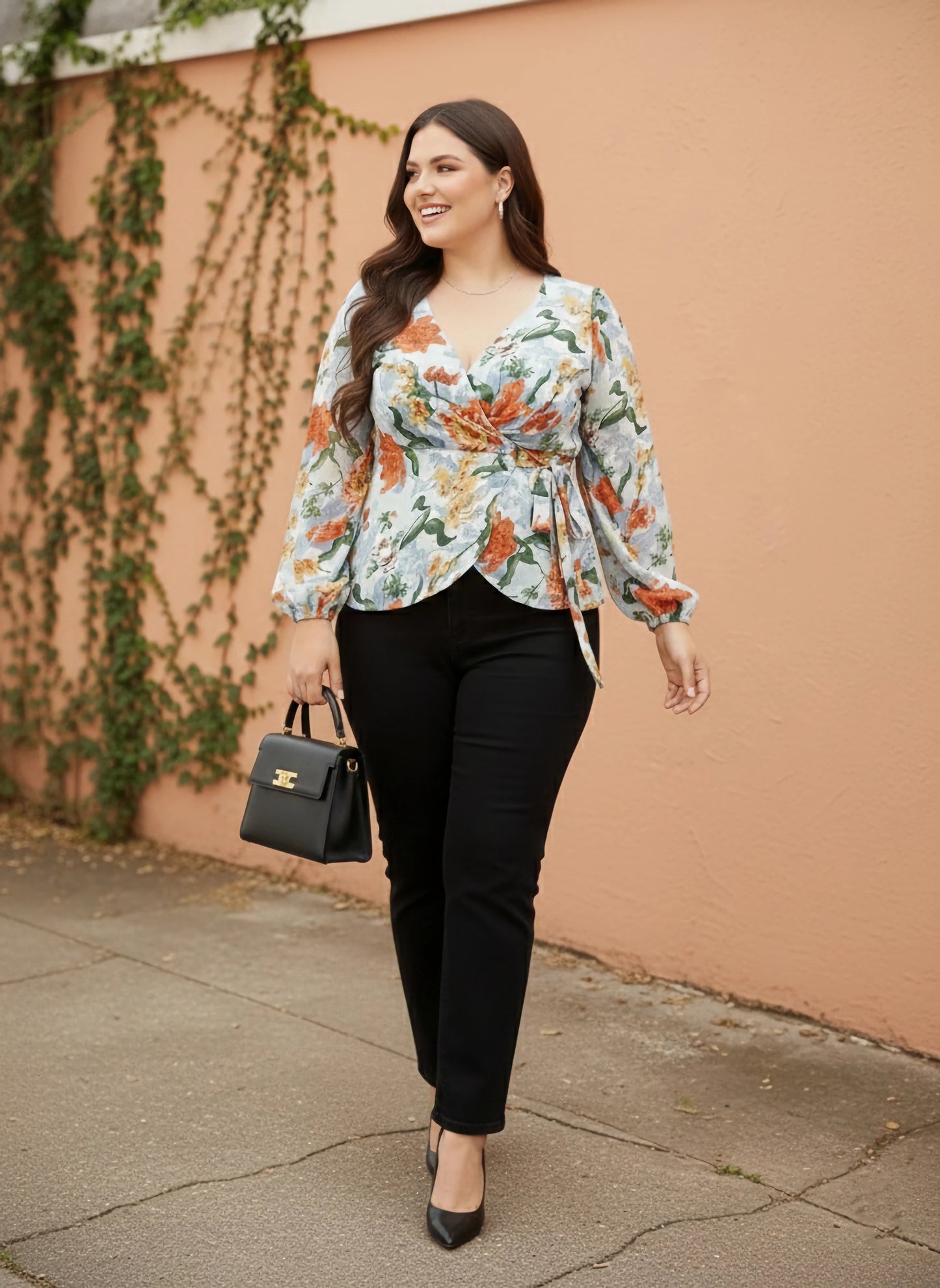 Berrylush Curve Women Blue & Orange Floral Printed V-Neck Bishop Sleeves Waist Tie-Up Wrap Regular Top