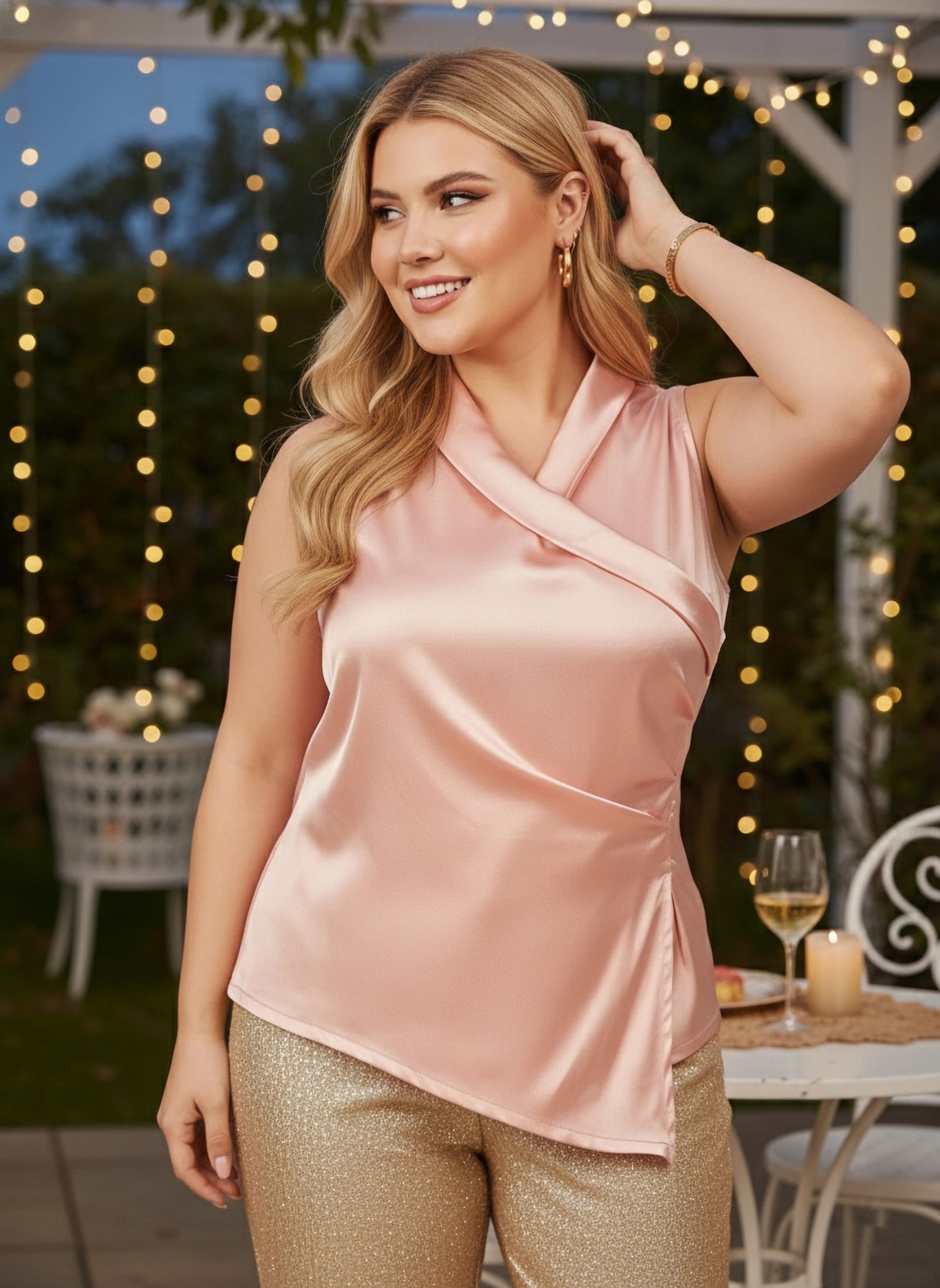 Curve Solid Pink V-Neck Sleeveless Satin Layered Wrap Regular Top