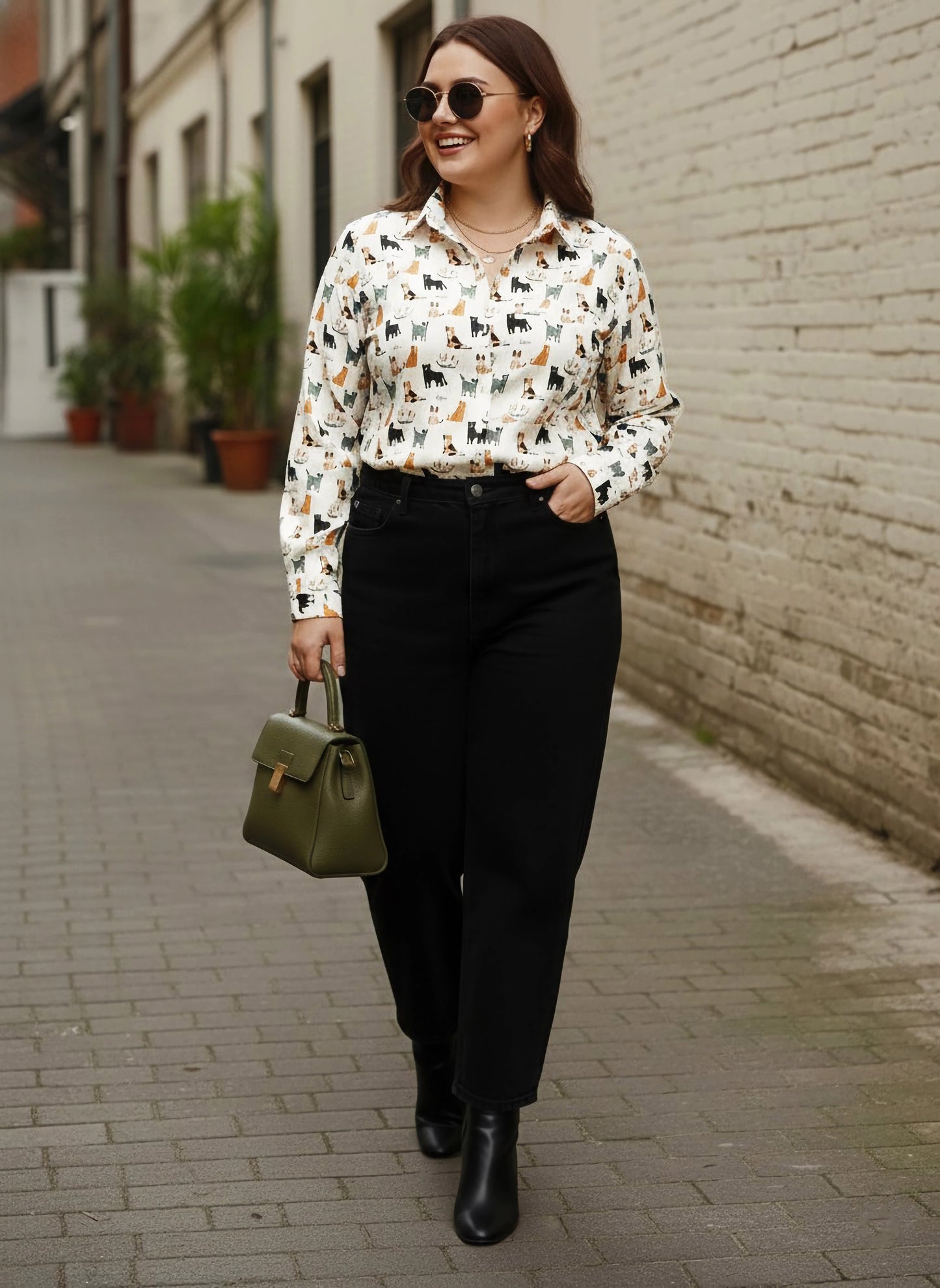 Berrylush Curve Women White & Multicolour Cat Printed Spread Collar Neck Front Button-Up Straight Hem Regular Shirt