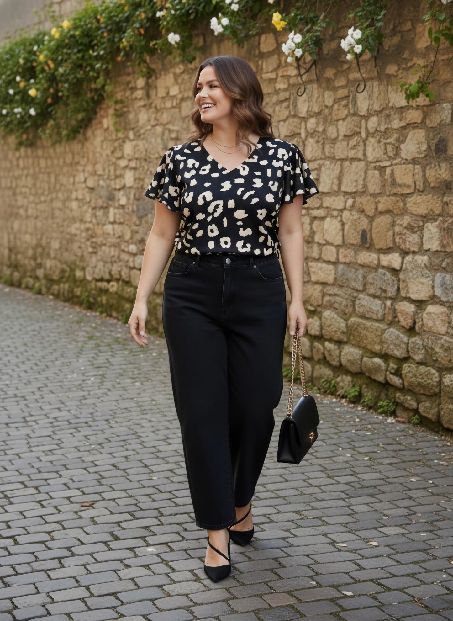 Berrylush Women Plus Size Black & White Animal Printed V-Neck Flutter Sleeve Crepe Ruffled Regular Top