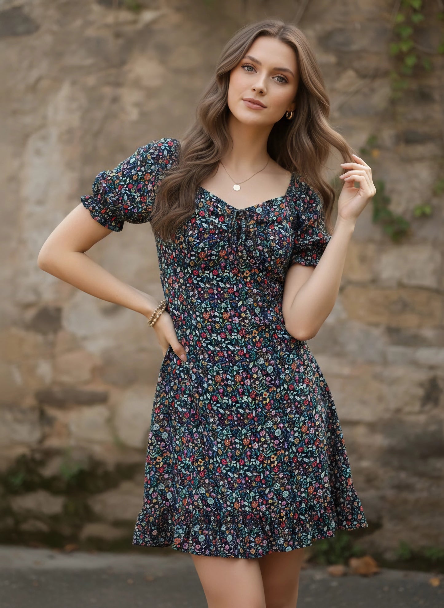 Berrylush Women Navy Blue Floral Printed Sweetheart Neck Crepe A-Line Mini Dress