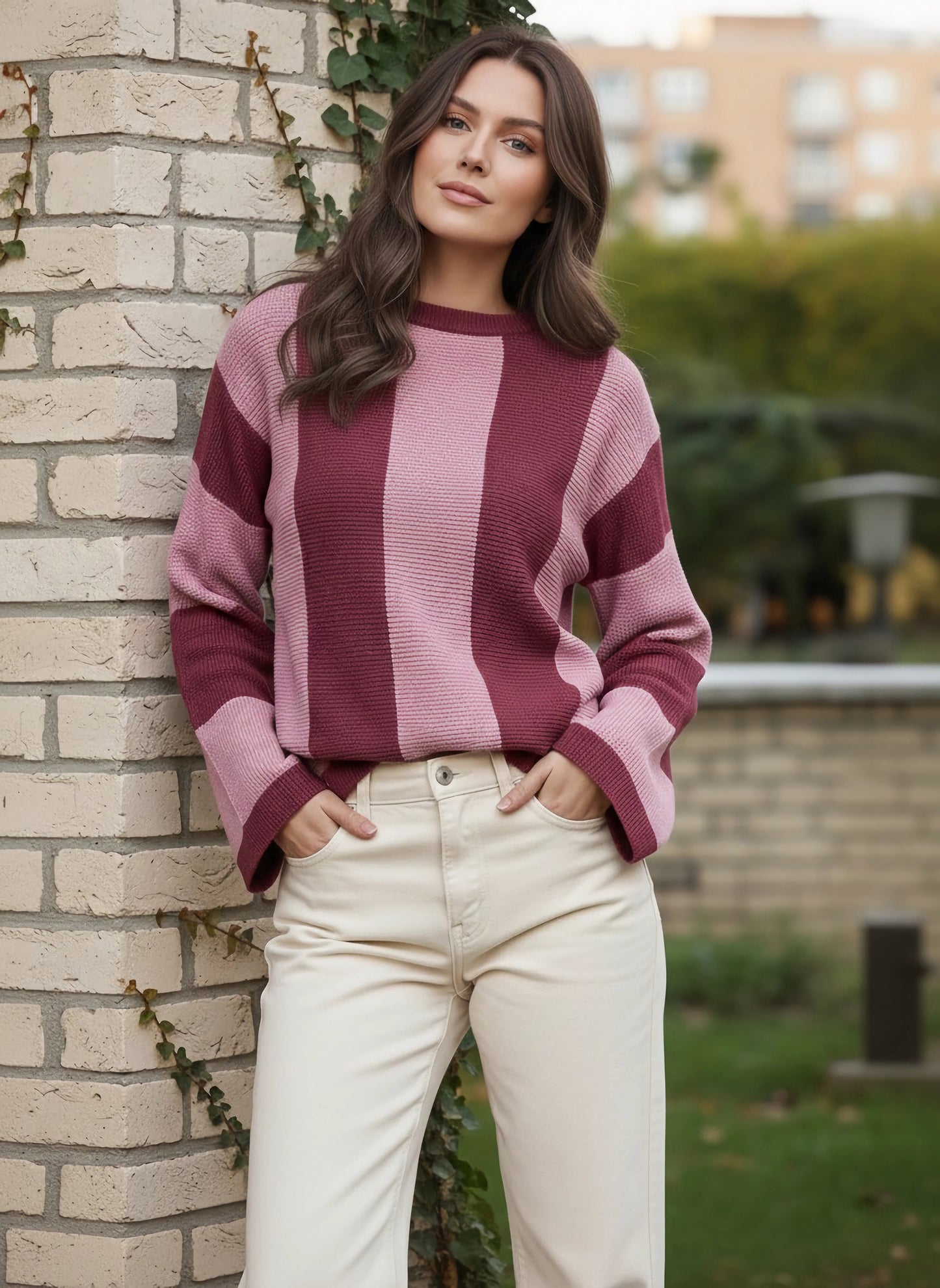 Berrylush Women Pink & Red Frenchy Two-Tone Printed Round Neck Drop-Shoulder Sleeves Ribbed Hem Regular Sweater