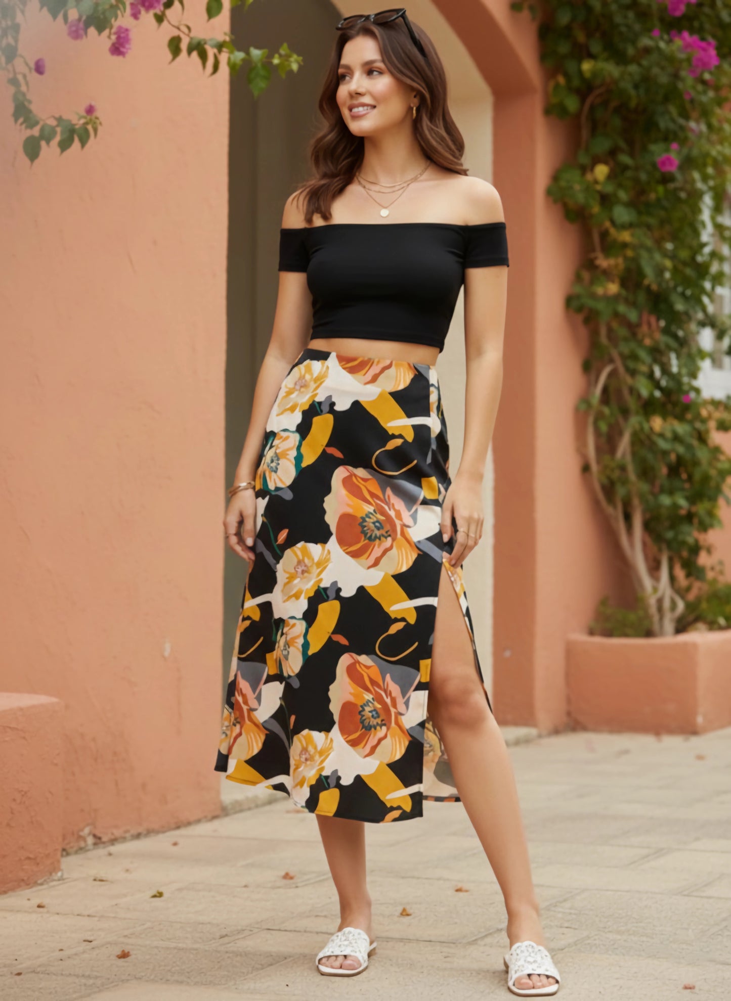Berrylush Women Black & Orange Floral Printed Crepe Thigh-High Slit Flared A-Line Midi Skirt