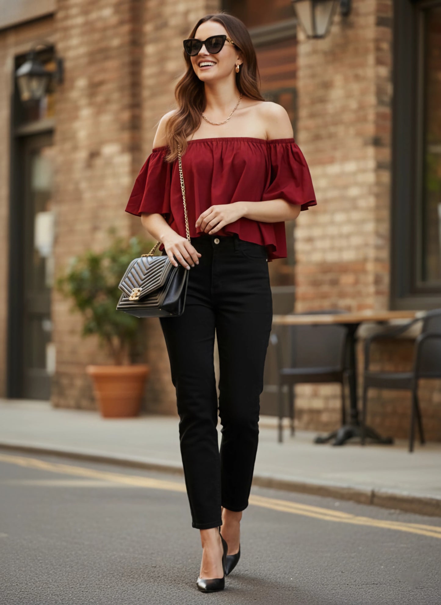Berrylush Women Solid Maroon Off-Shoulder Neck Ruffled Crop Bardot Top