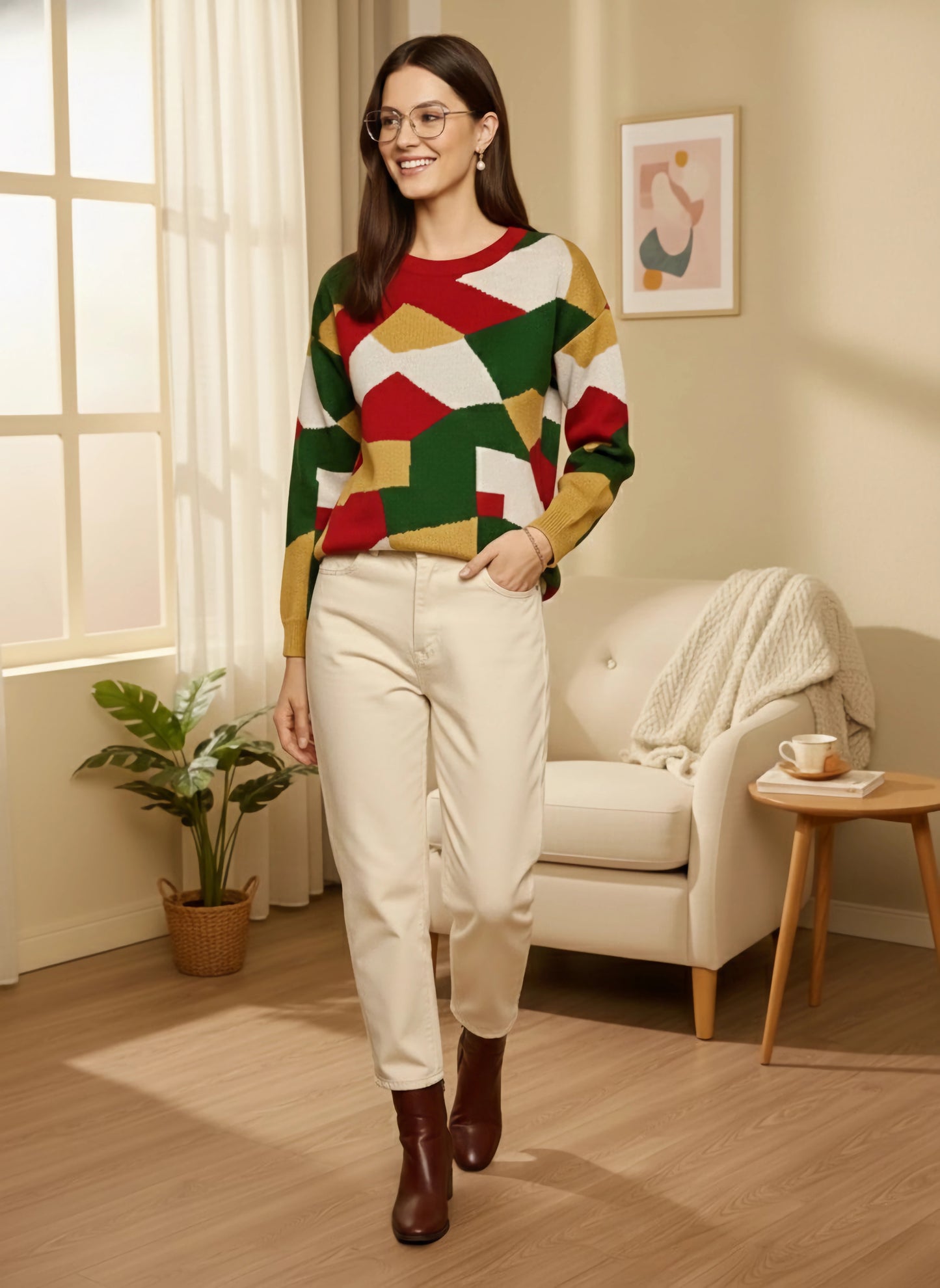 Berrylush Women Multicolour Geometrical Printed Round Neck Drop-Shoulder Sleeves Acrylic Ribbed Hem Regular Pullover