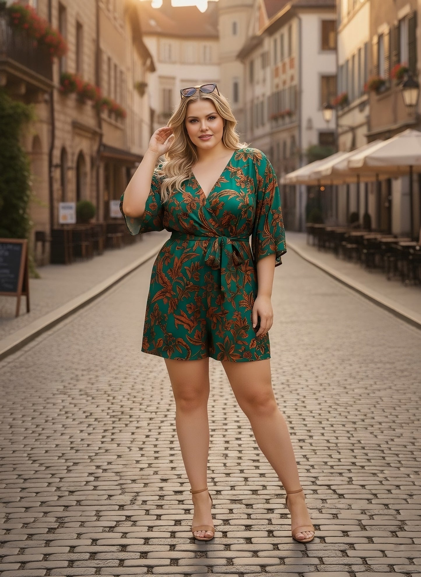 Berrylush Curve Women Green & Orange Floral Printed V-Neck Batwing Sleeve Tie-Up Waist Pleated Mini Jumpsuit