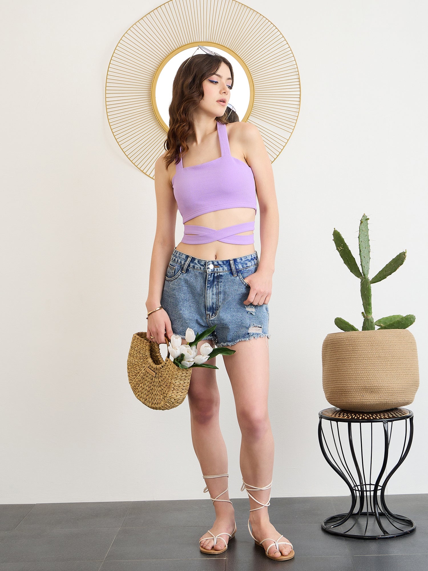 BASICS Purple Solid Shoulder Straps Styled Back Crop Top – Berrylush