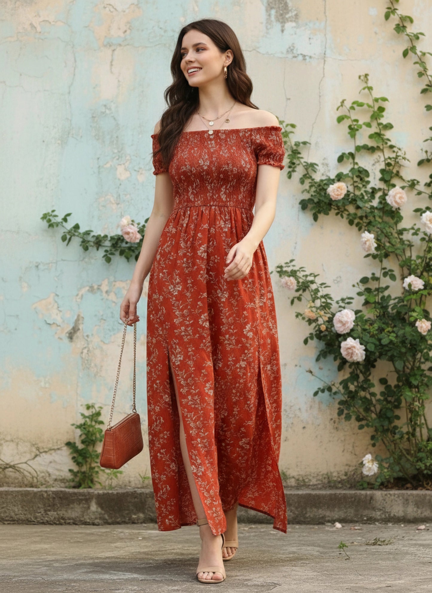 Berrylush Women Red & White Floral Printed Off-Shoulder Neck Thigh-High Slit Crepe Smocked Maxi Dress