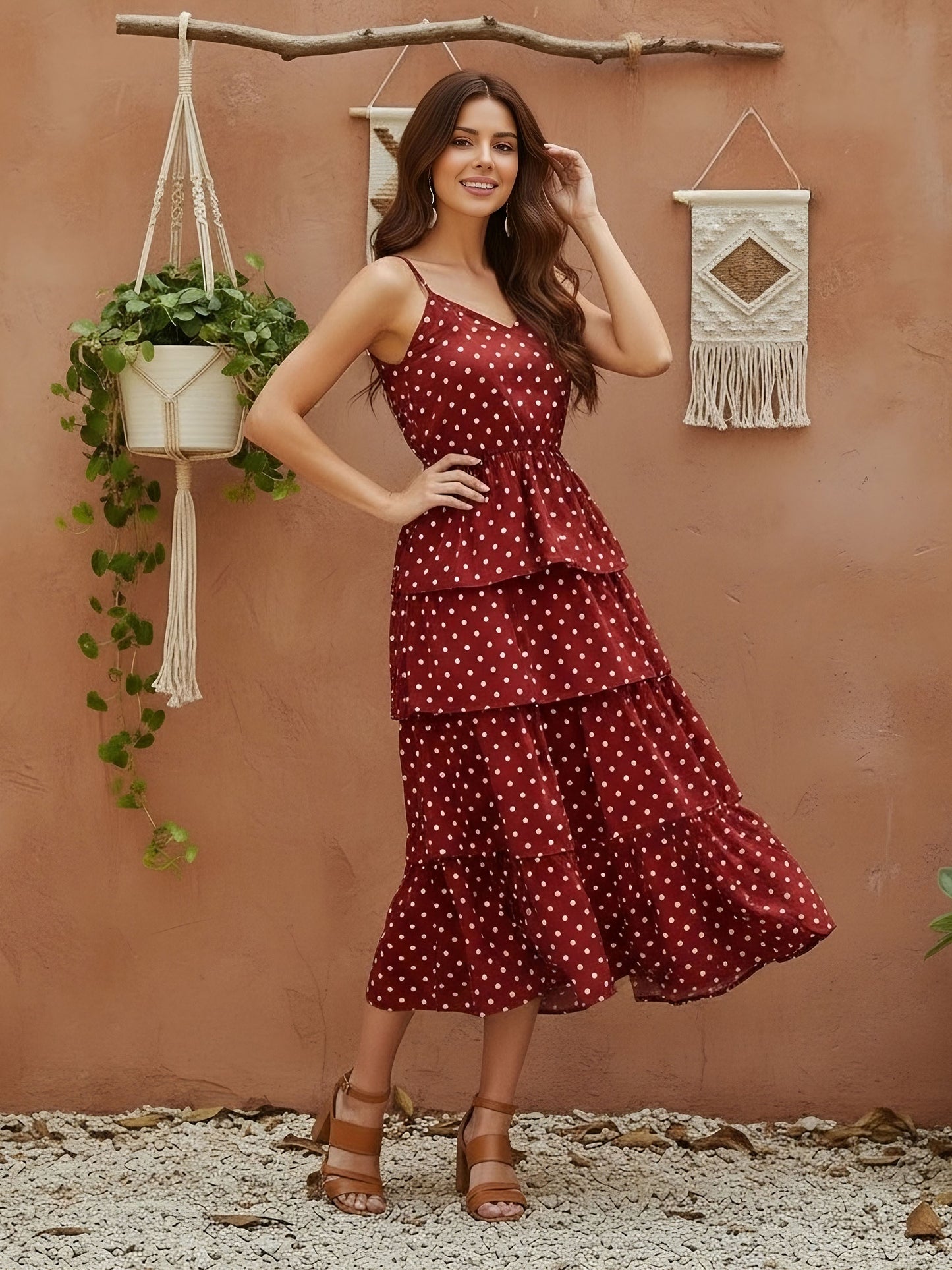 Berrylush Women Red Polka Dot Printed V-Neck Tiered Fit & Flare Midi Dress