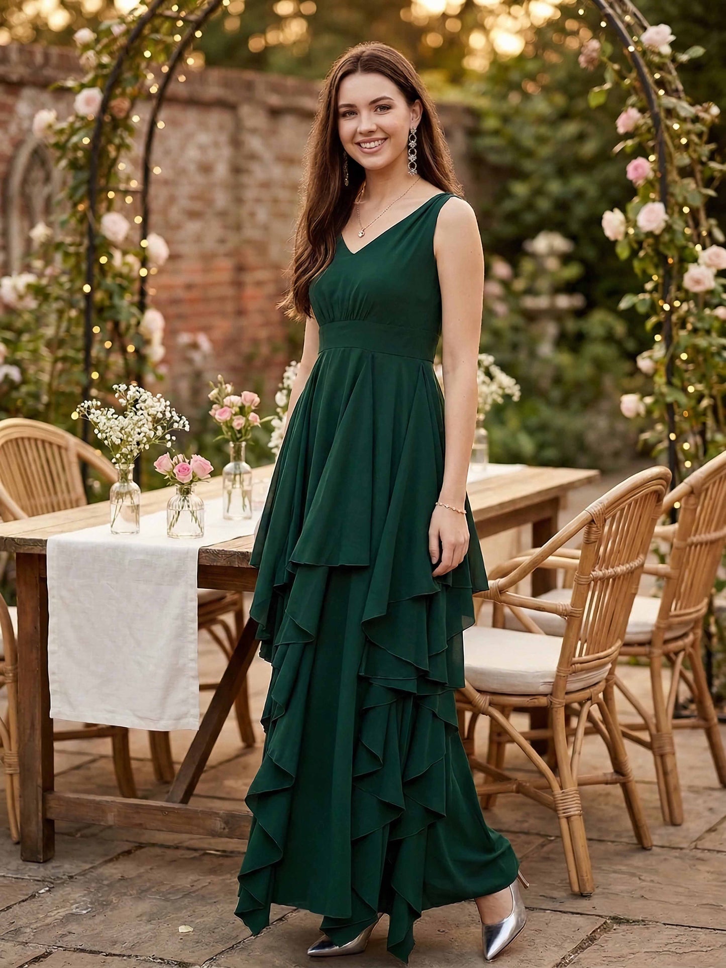 Berrylush Women Solid Green V-Neck Crepe Asymmetrical Hem Ruffled Maxi Dress