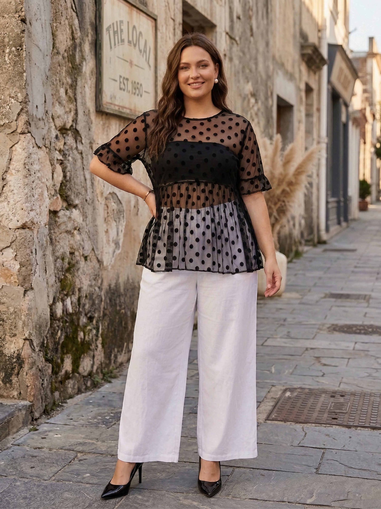 Plus Size Black Polka Dot Pattern Round Neck Bell Sleeve Jacquard Sheer Ruffled Peplum Top