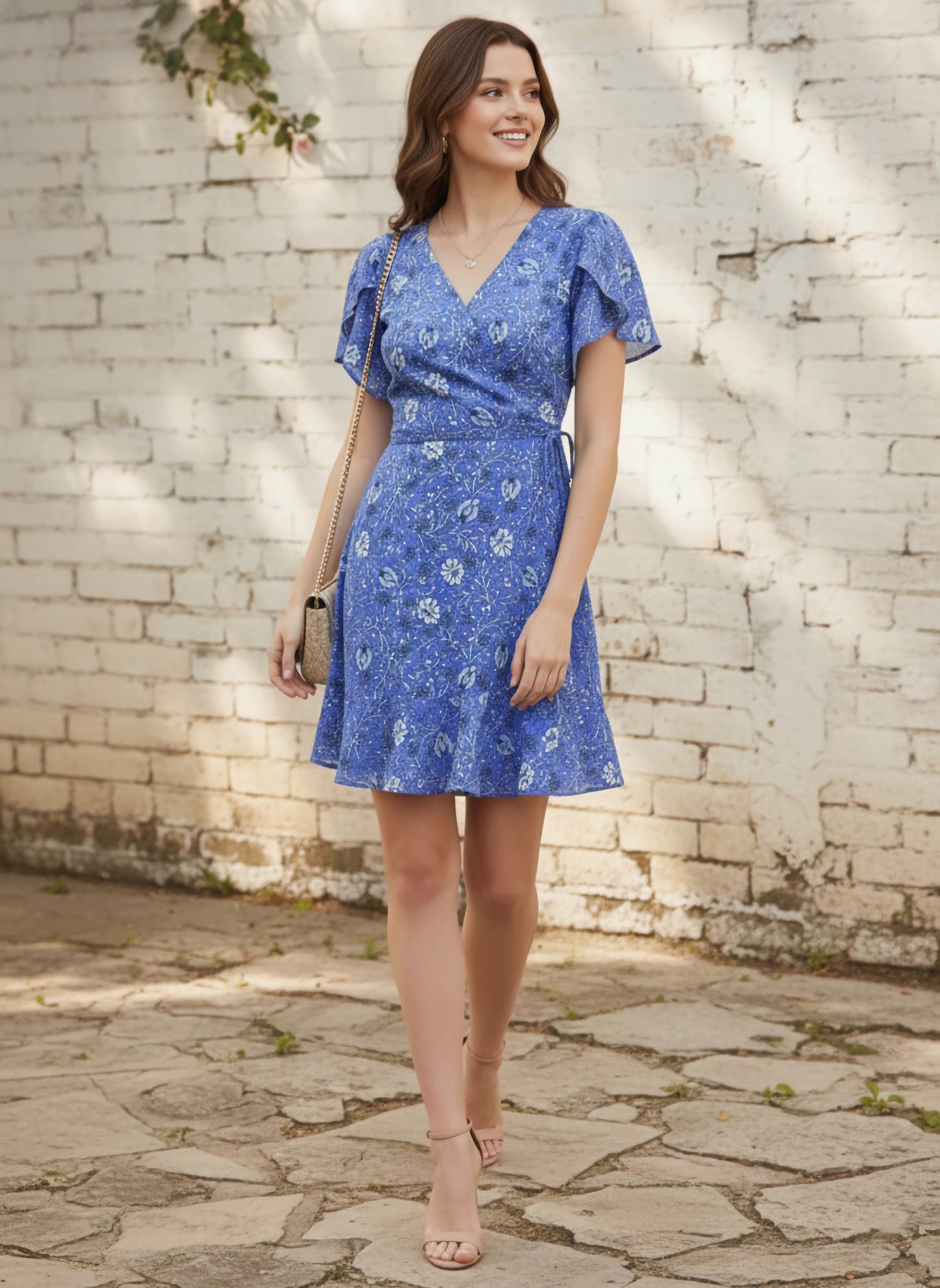 Berrylush Women Blue Floral Printed V-Neck Waist Tie-Up Mini Dress