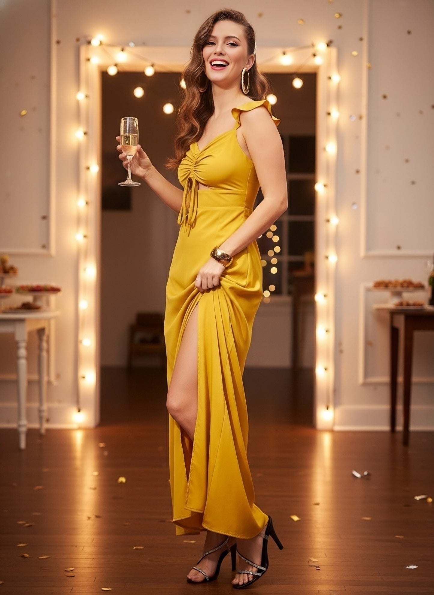 Berrylush Women Solid Yellow Sweetheart Neck Front Tie-Up Cutout Thigh-High Slit Ruched Maxi Dress