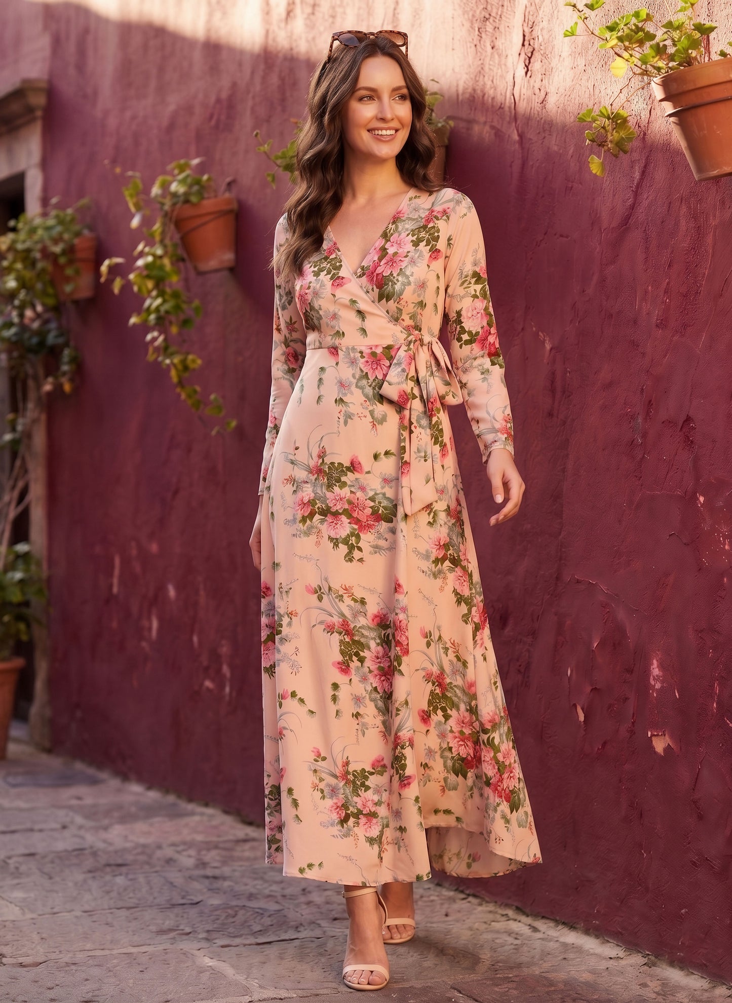 Berrylush Women Beige Floral Printed V-Neck Wrap Style Maxi Dress