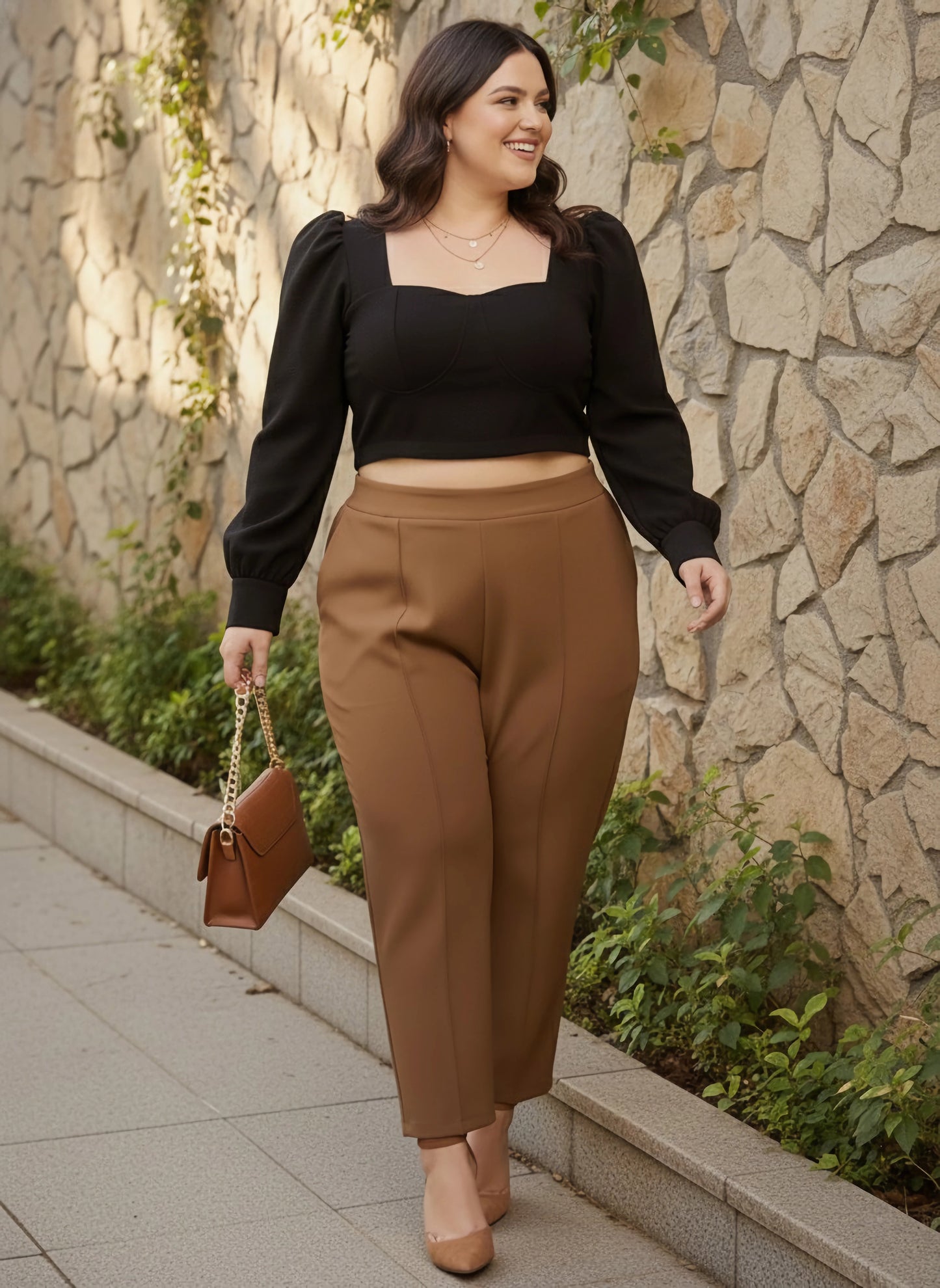 Curve Solid Black Sweetheart Neck Puff Sleeves Knitted Crop Top