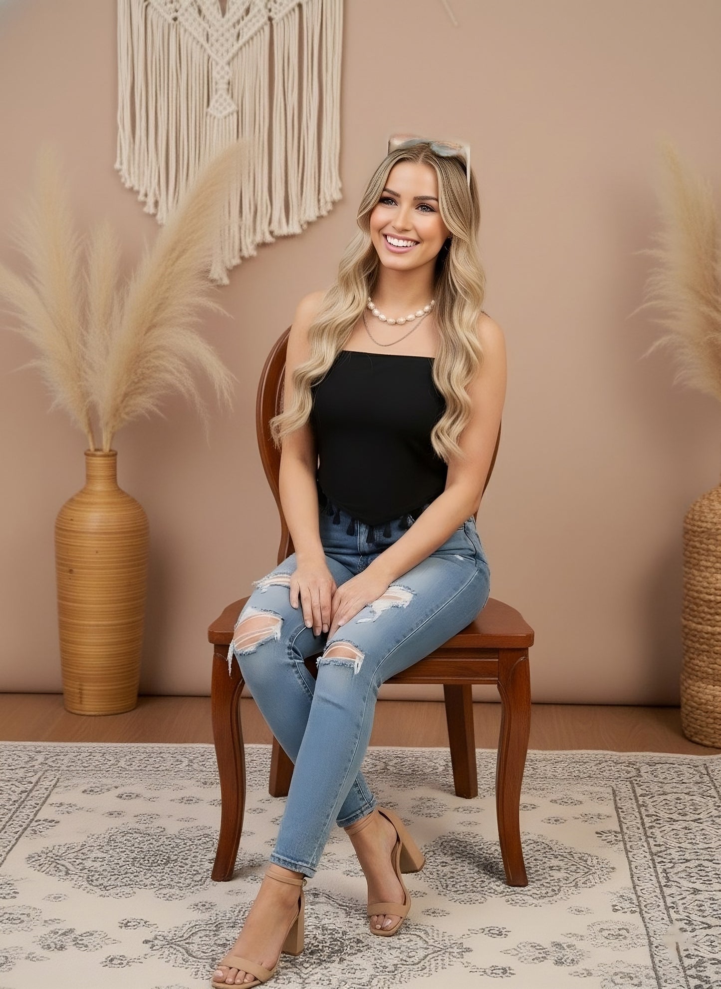 Berrylush Women Solid Black Square Neck Sleeveless Tasseled Hanky Hem Knitted Crop Cami Top