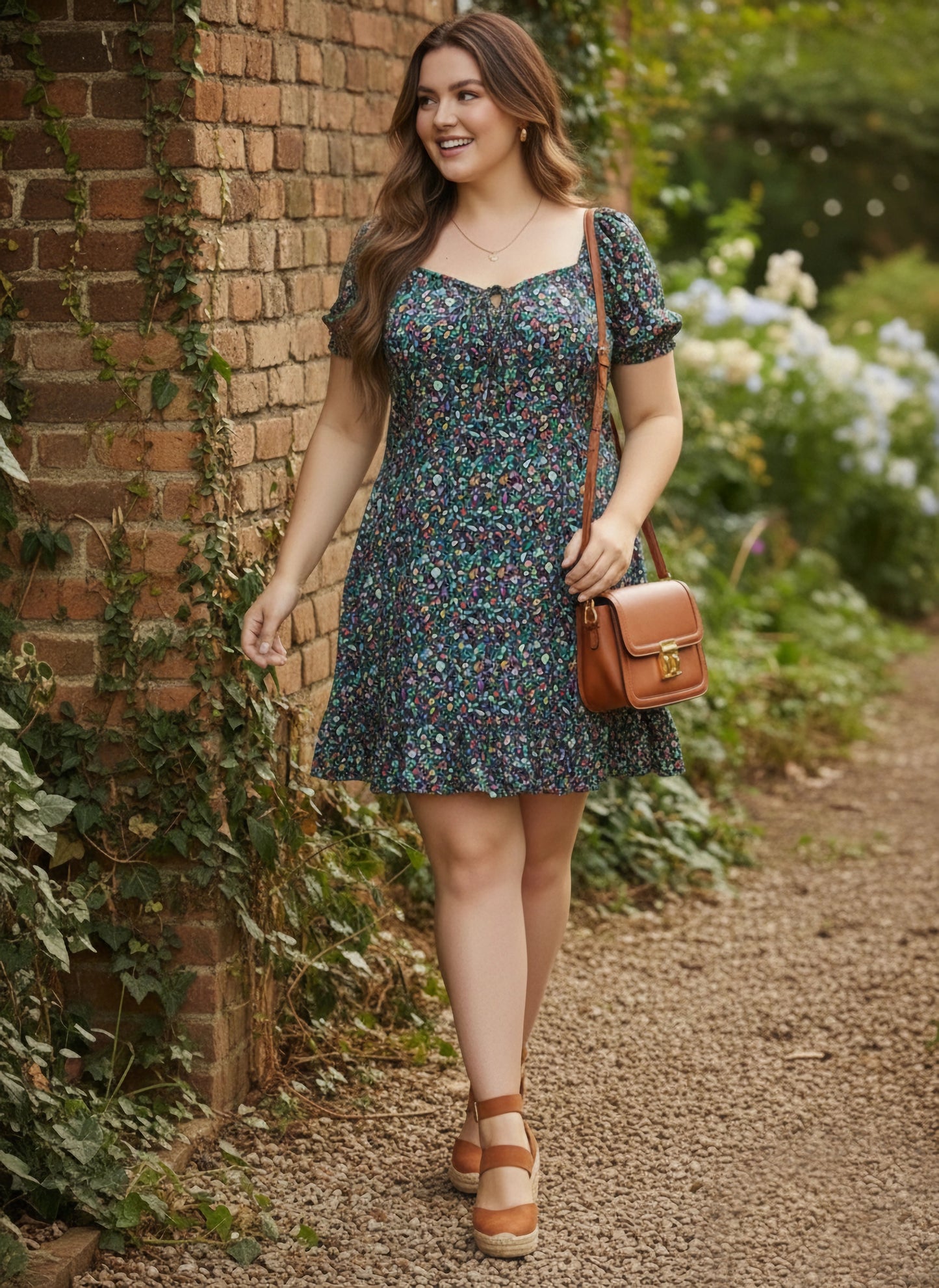 Berrylush Curve Plus Size Navy Blue & Green Floral Printed A-Line Mini Dress