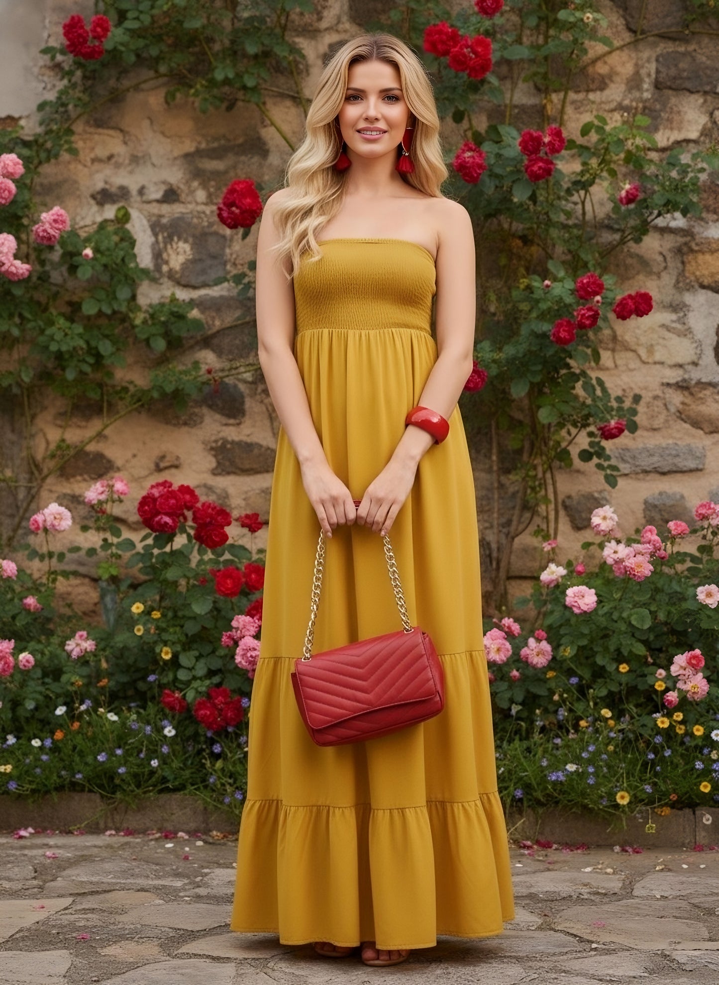 Berrylush Women Yellow Solid Strapless Smocked A-Line Maxi Dress