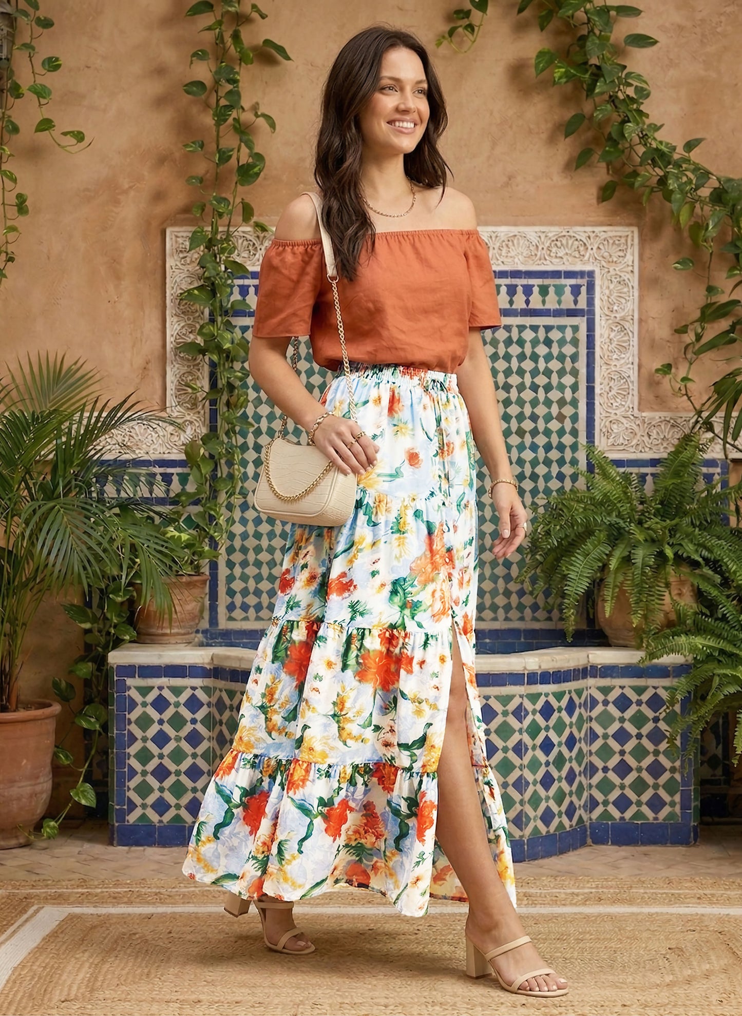 Blue & Orange Floral Printed High-Rise Elastic Waist Front Thigh-High Slit Gathered A-Line Maxi Skirt