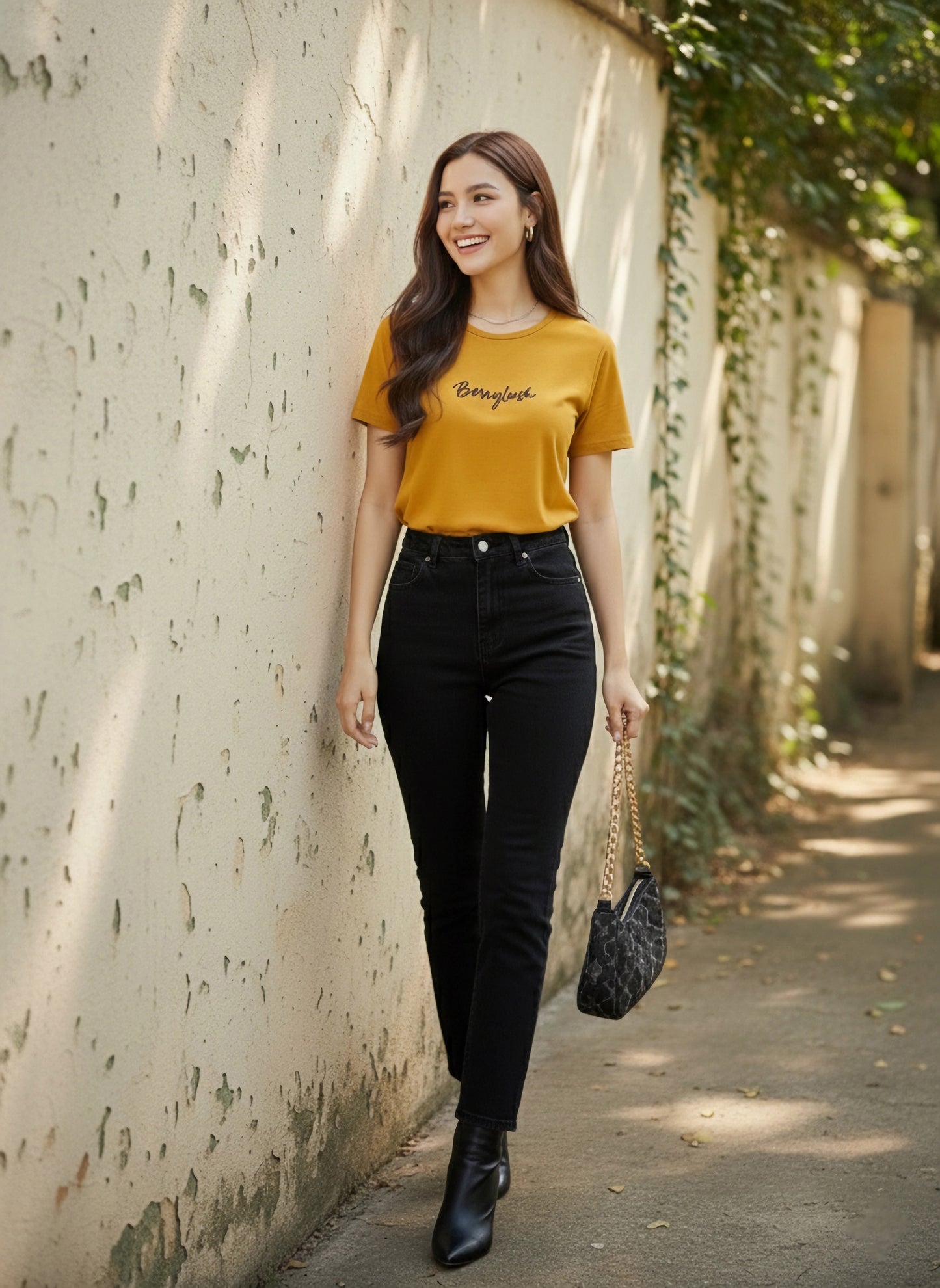 Solid Mustard Yellow Round Neck Front Brand Logo Short Sleeves Knitted Regular T-Shirt