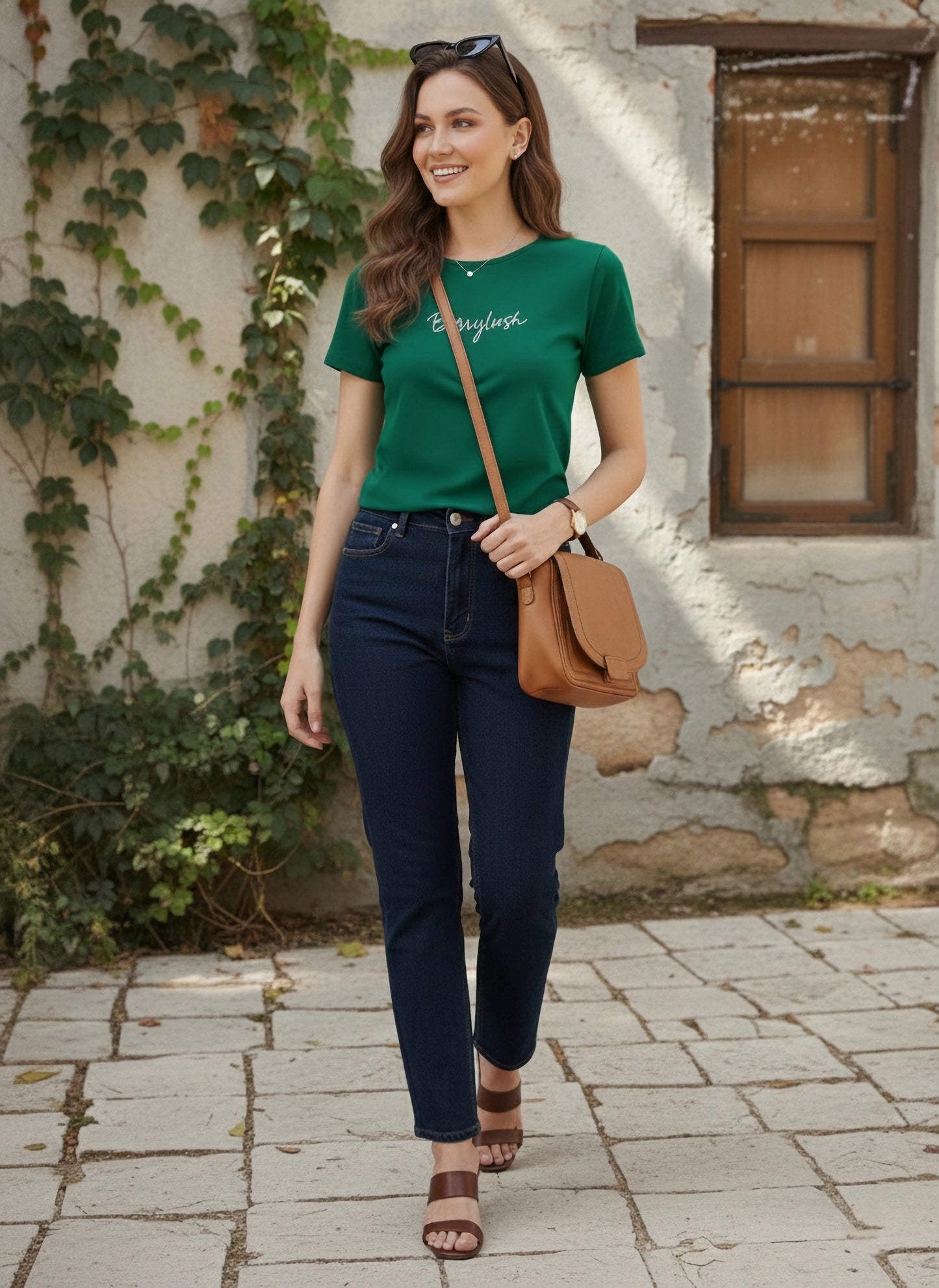 Solid Green Round Neck Short Sleeves Logo Embroidered Regular T-Shirt