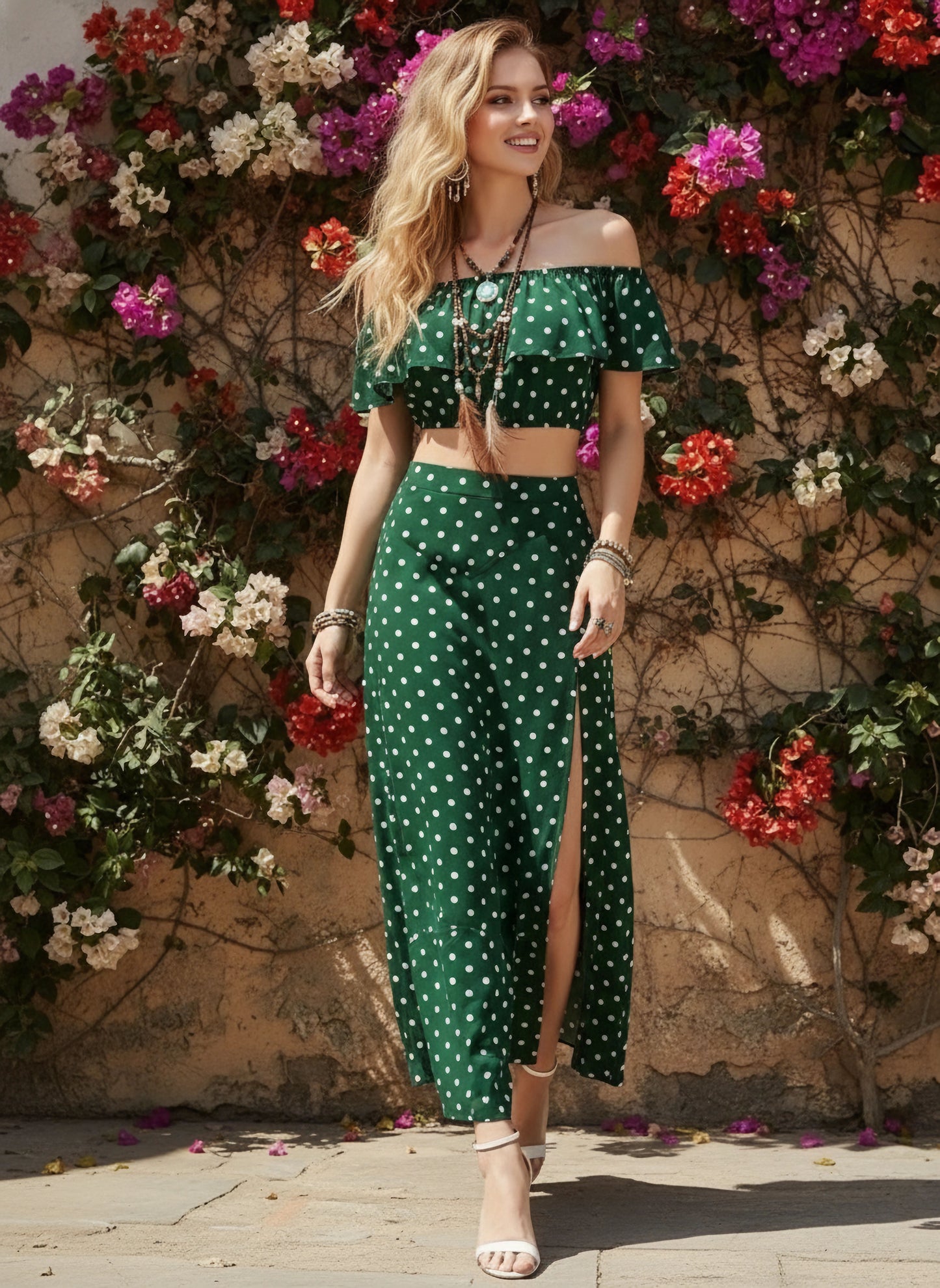 Berrylush Women Green & White Polka Dot Printed Off-Shoulder Co-Ordinate Maxi Dress