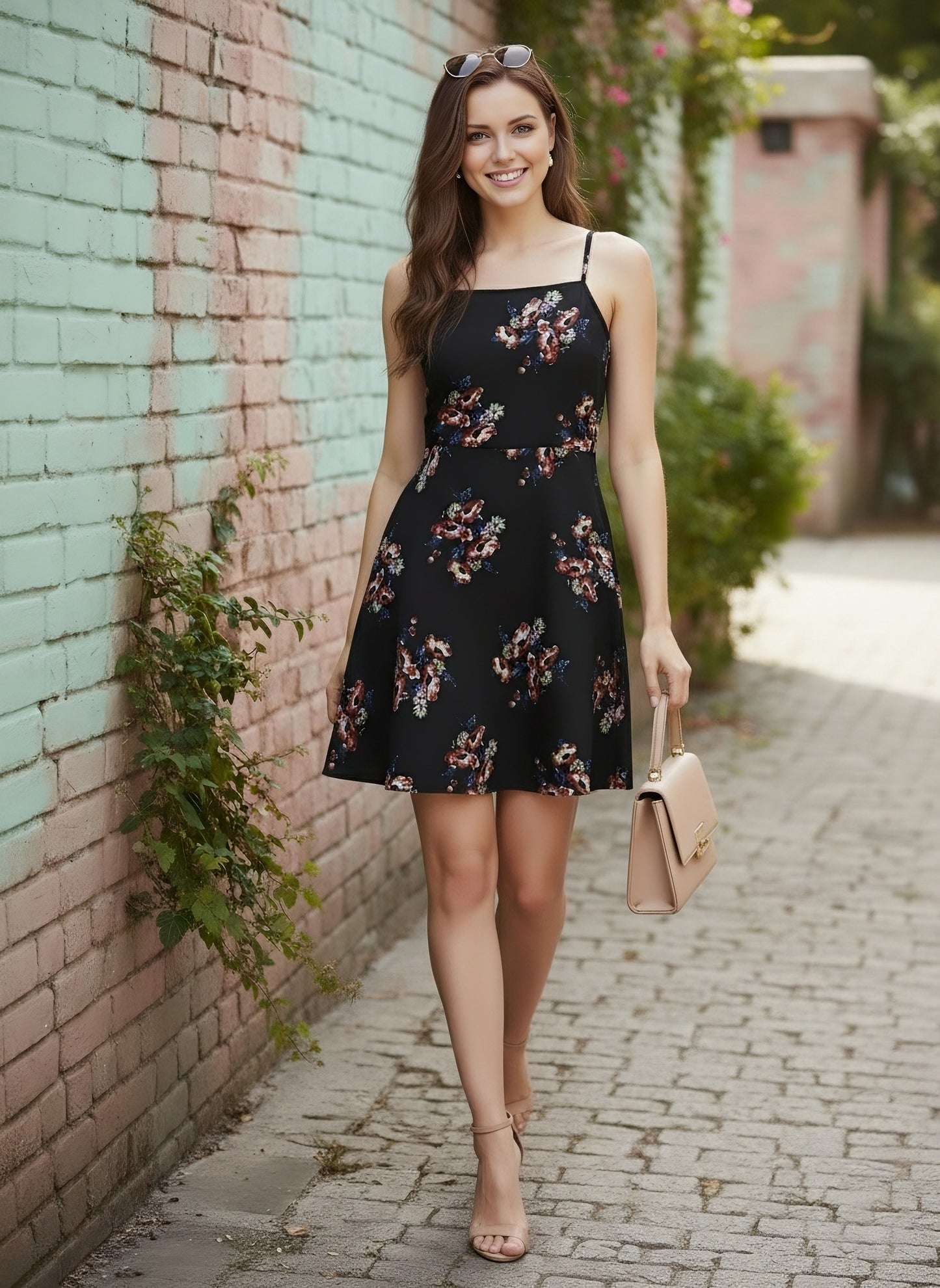 Berrylush Women Black & Red Floral Printed Sleeveless Fit & Flare Mini Dress