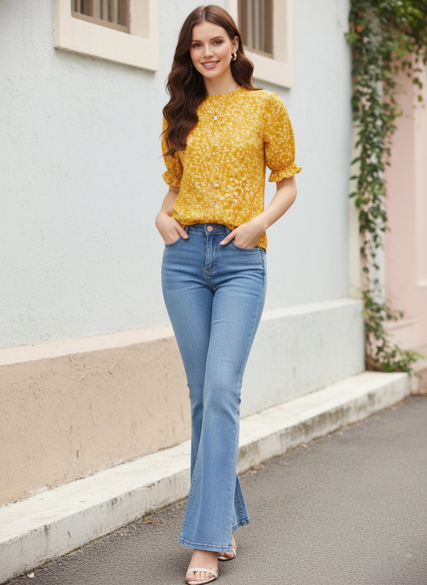 Berrylush Women Yellow Floral Printed Puff Sleeves Top