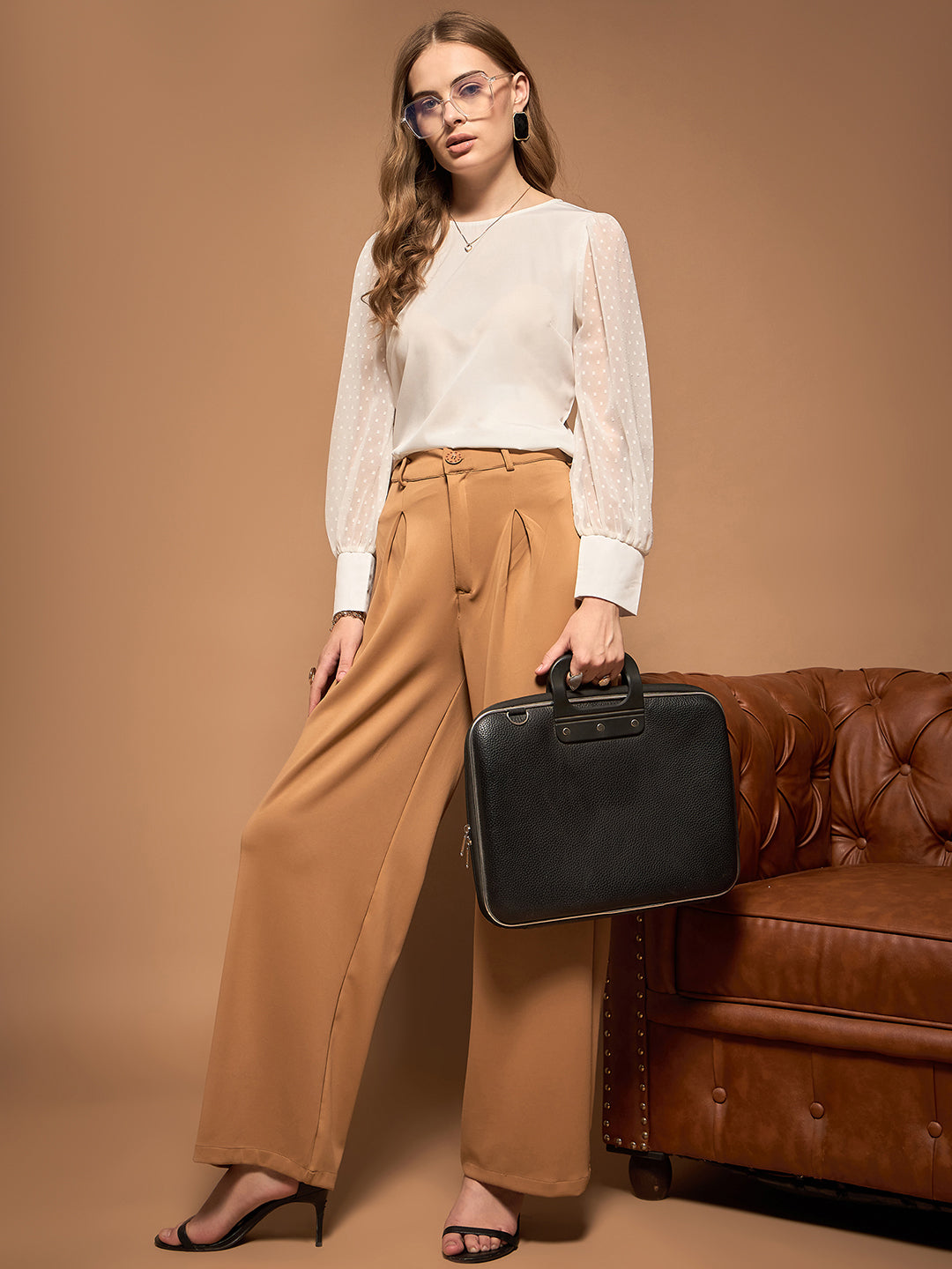 Berrylush BIZwear Women Solid White Dobby Weave Round Neck Long Sleeves Back Keyhole Button-Up Regular Top